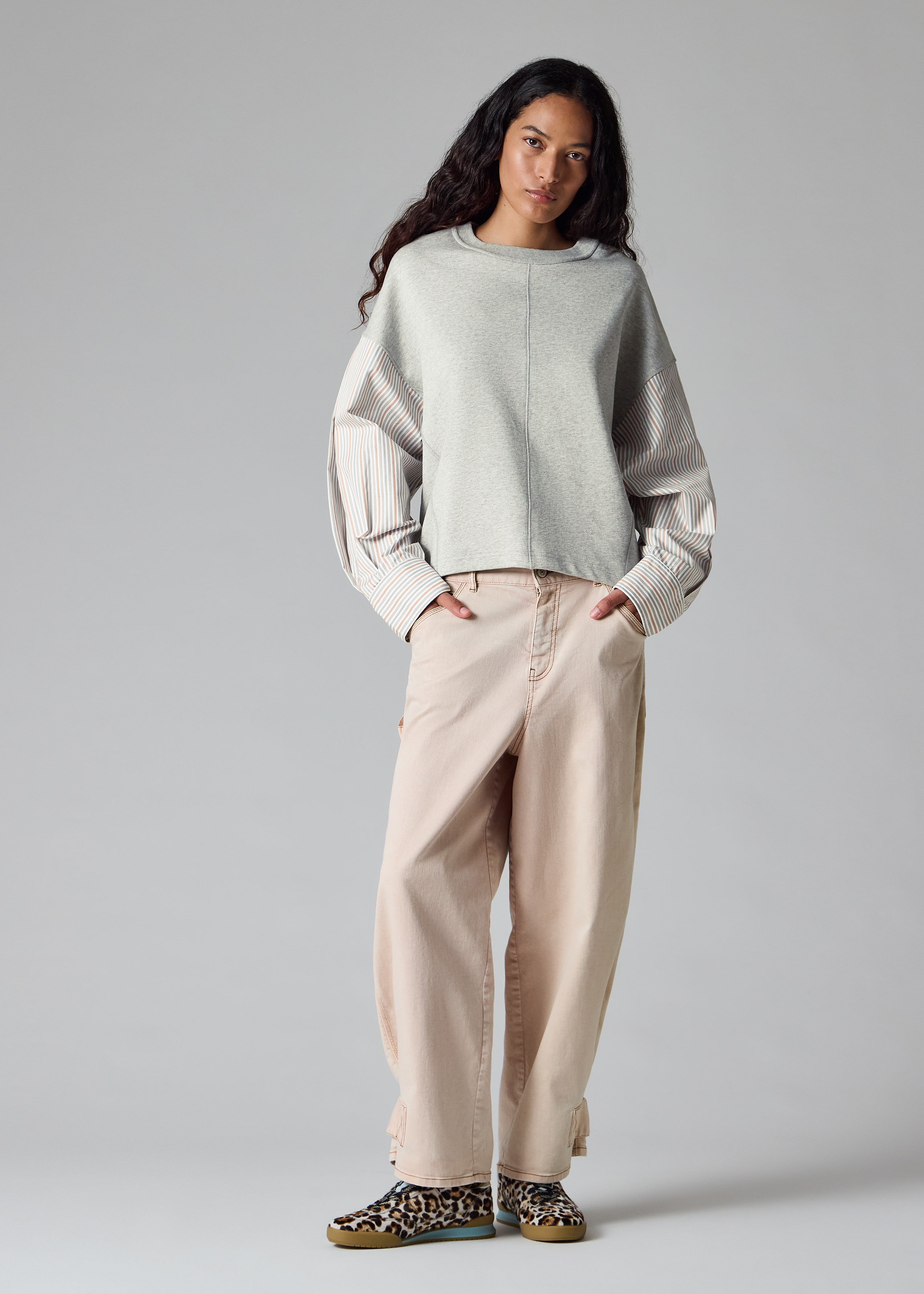 Women's Grey Sweatshirt with Striped Shirt Sleeves