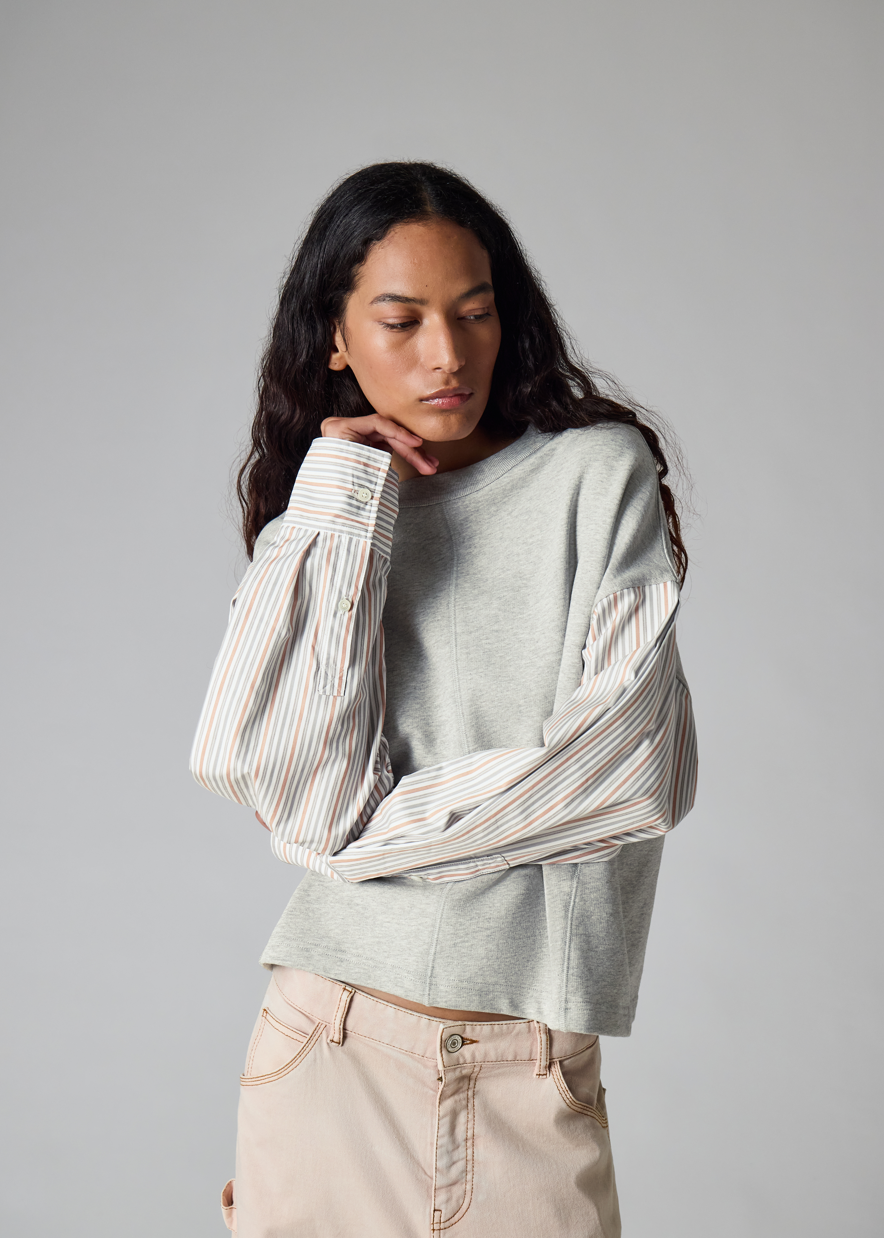 Women's Grey Sweatshirt with Striped Shirt Sleeves