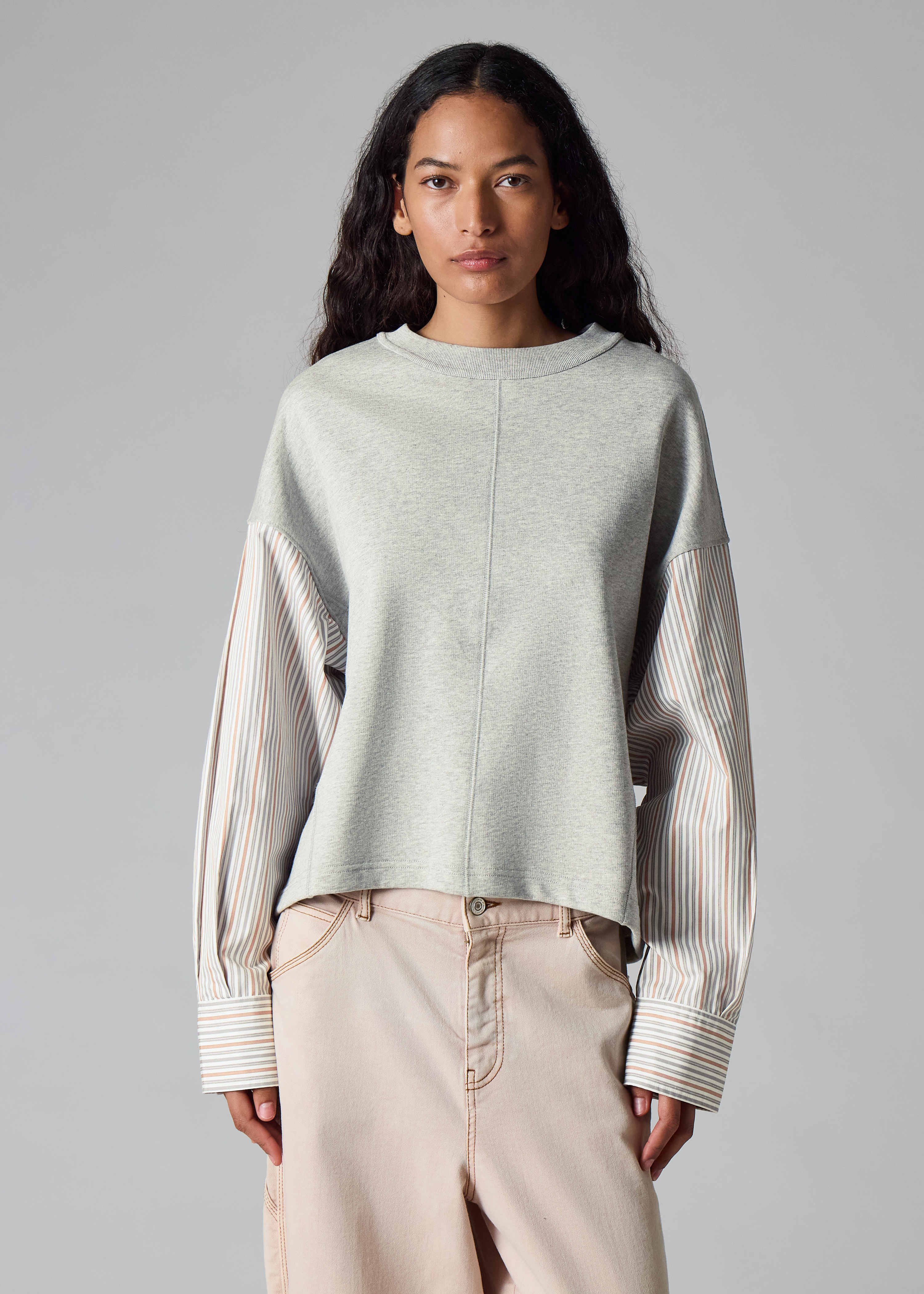 Women's Grey Sweatshirt with Striped Shirt Sleeves