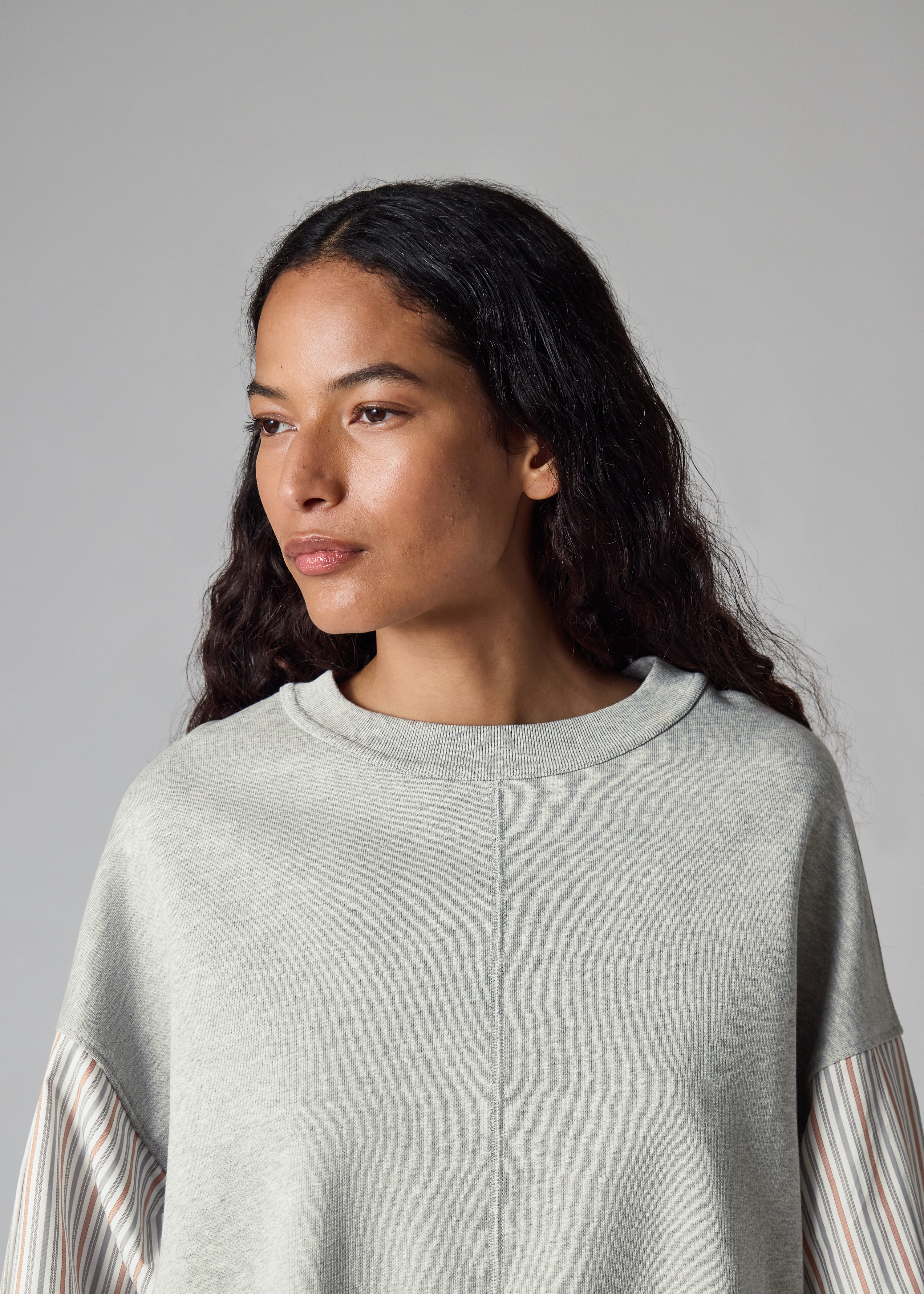 Women's Grey Sweatshirt with Striped Shirt Sleeves