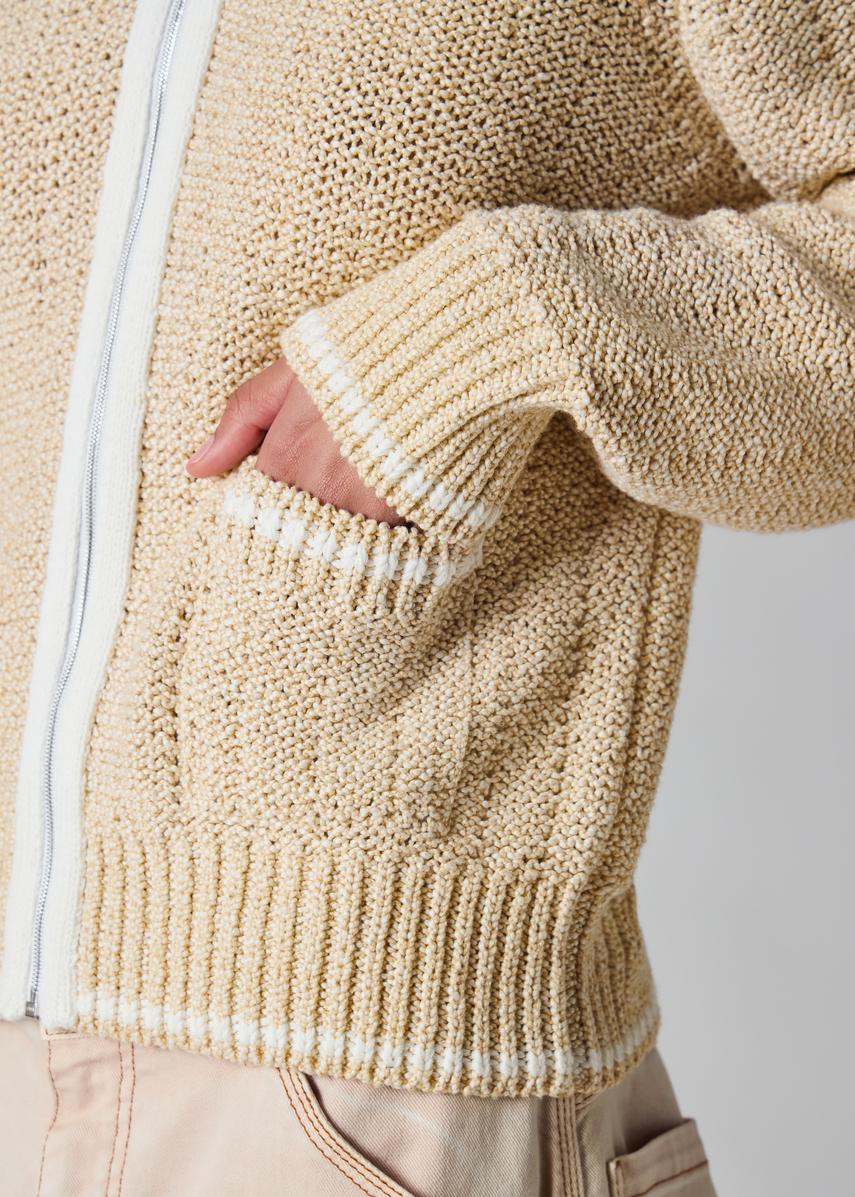 Women's Cream Textured Knit Zip Jacket
