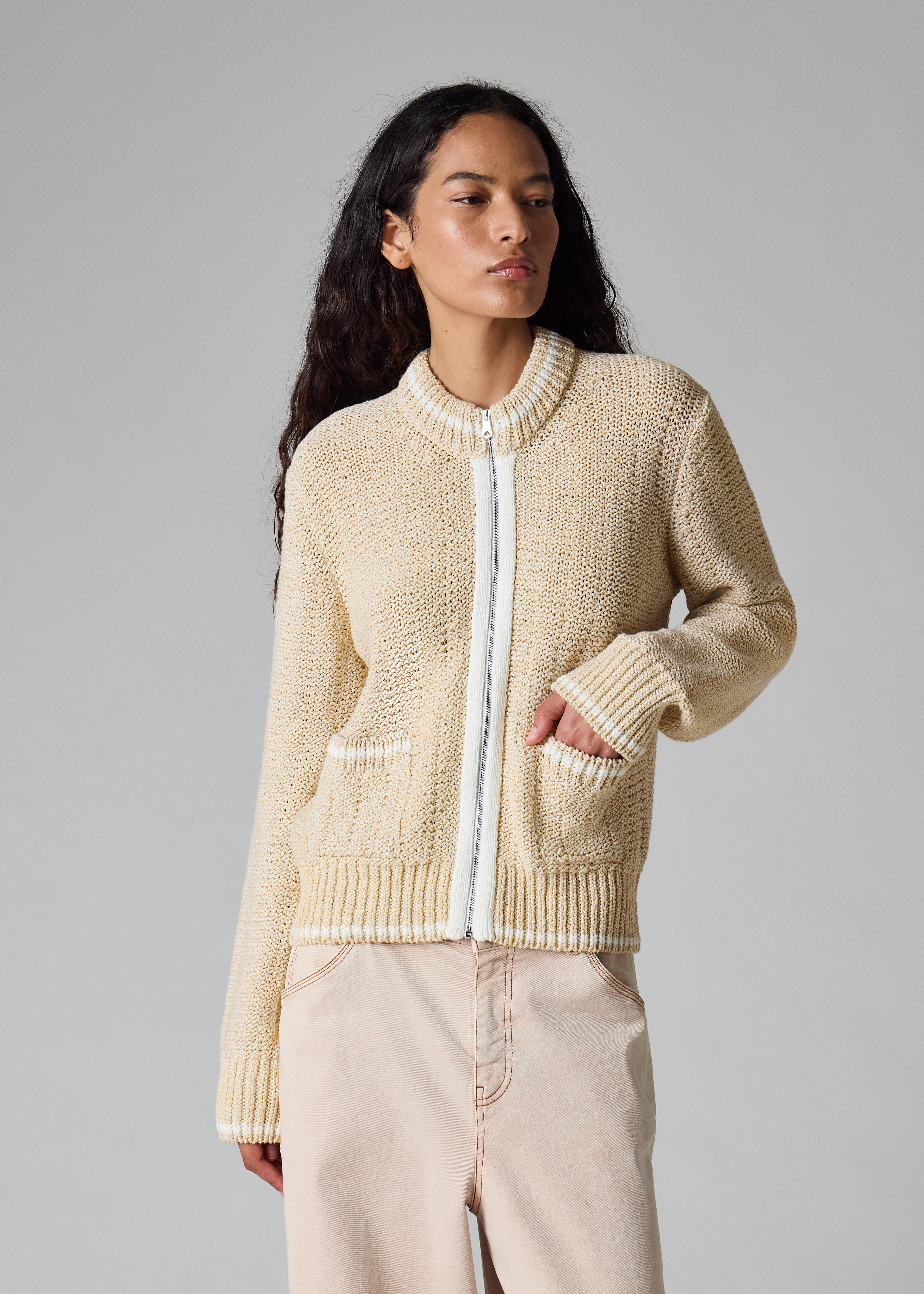 Women's Cream Textured Knit Zip Jacket