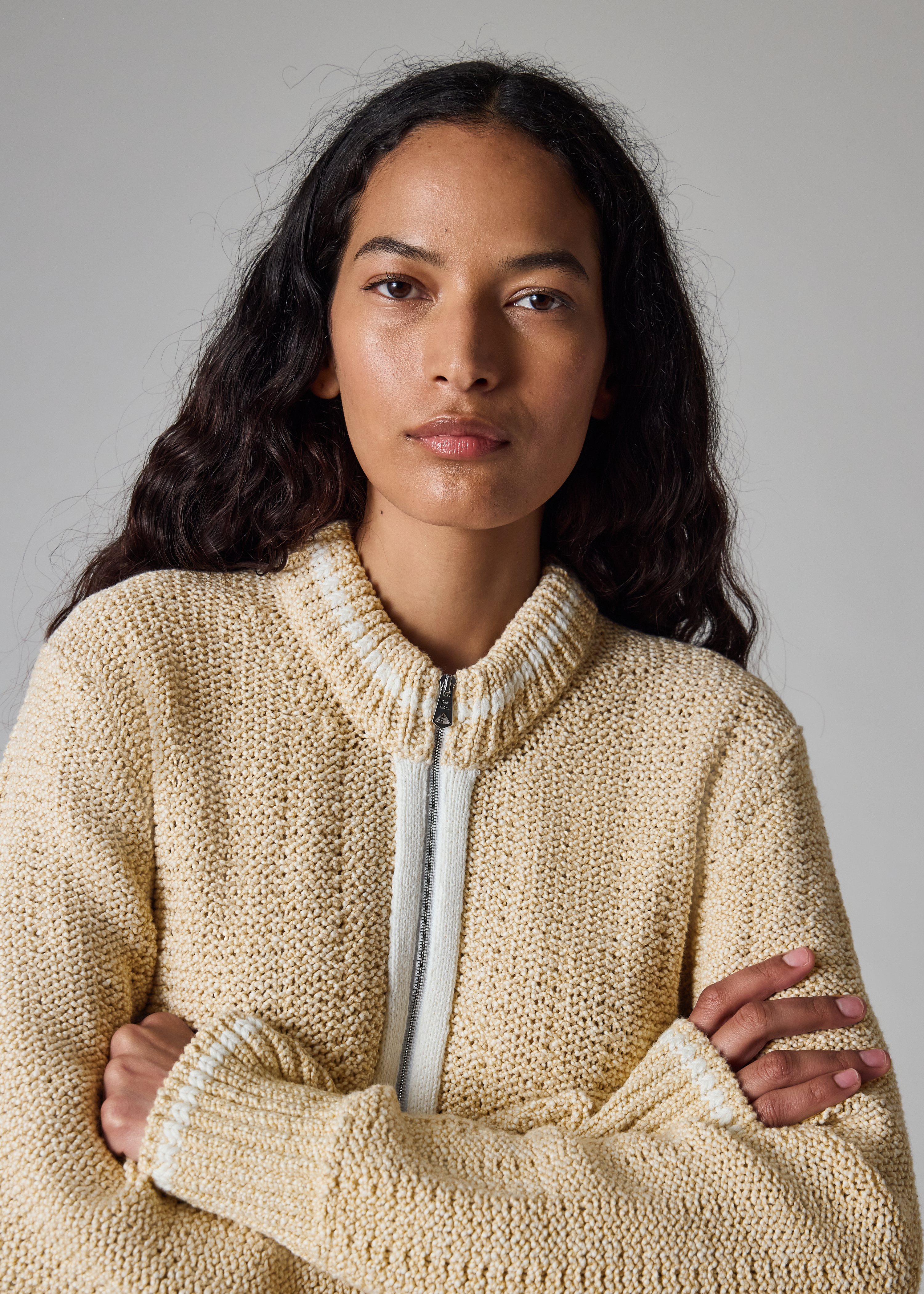 Women's Cream Textured Knit Zip Jacket