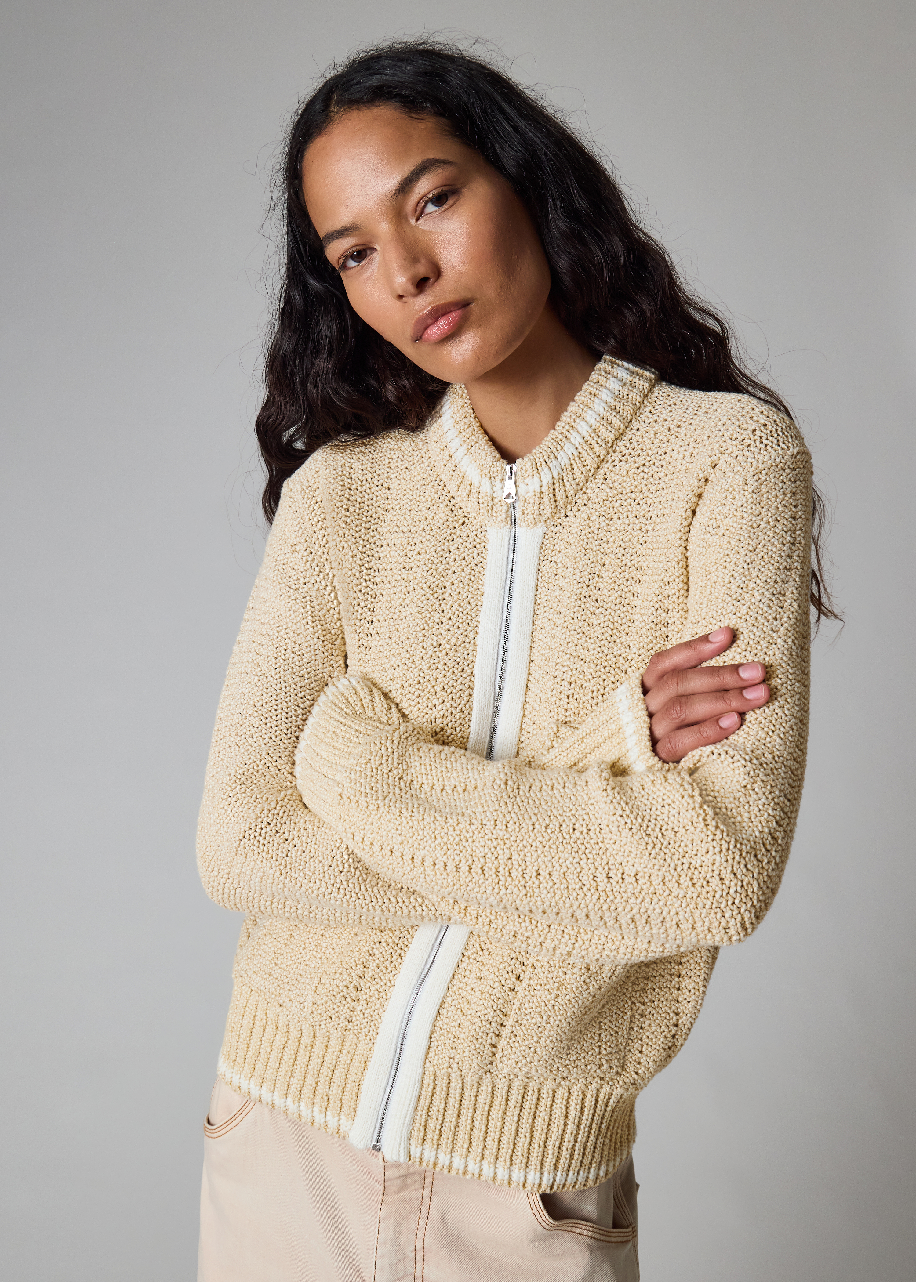 Women's Cream Textured Knit Zip Jacket