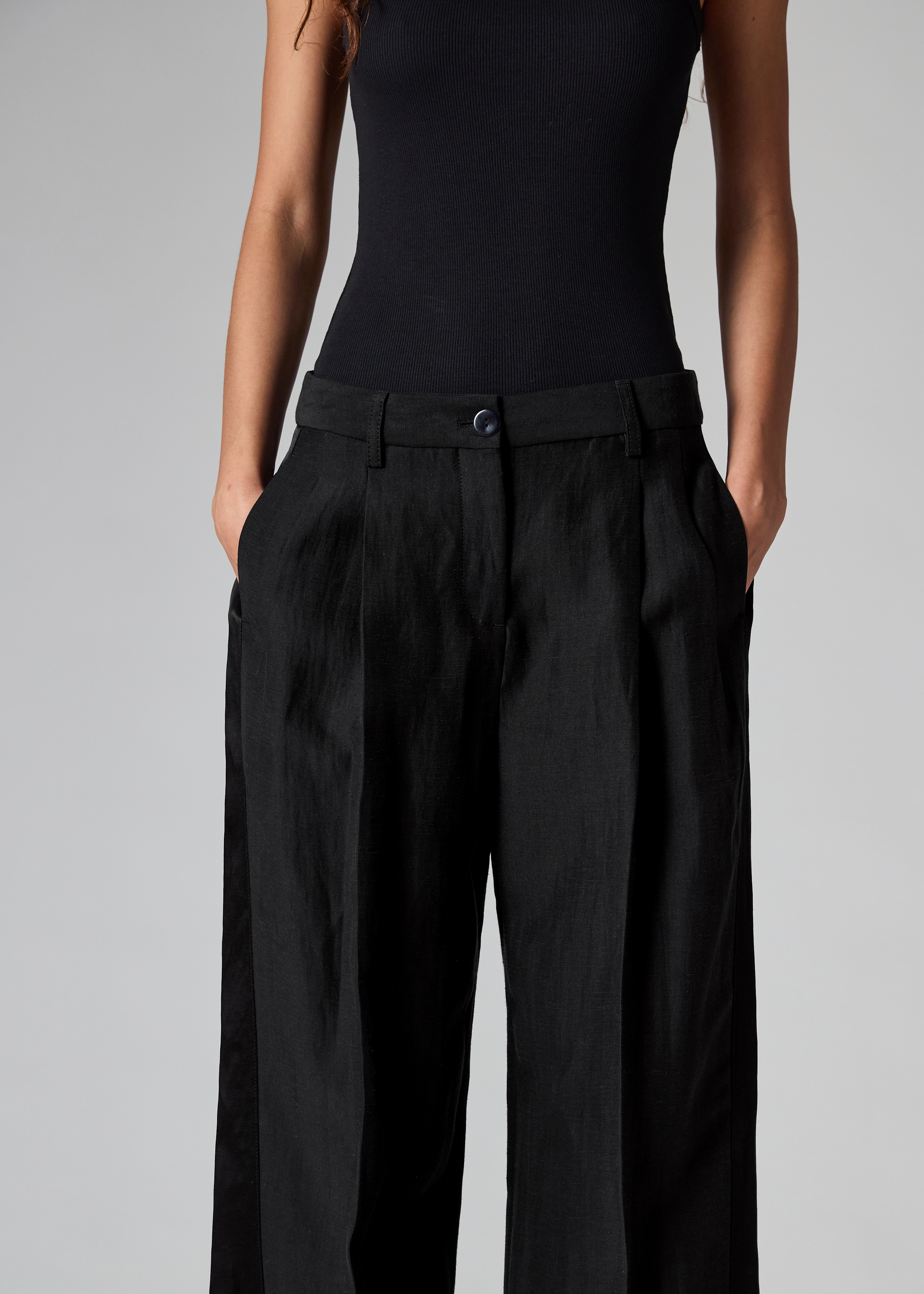 Women's Black Linen-Blend Wide-Leg Trousers