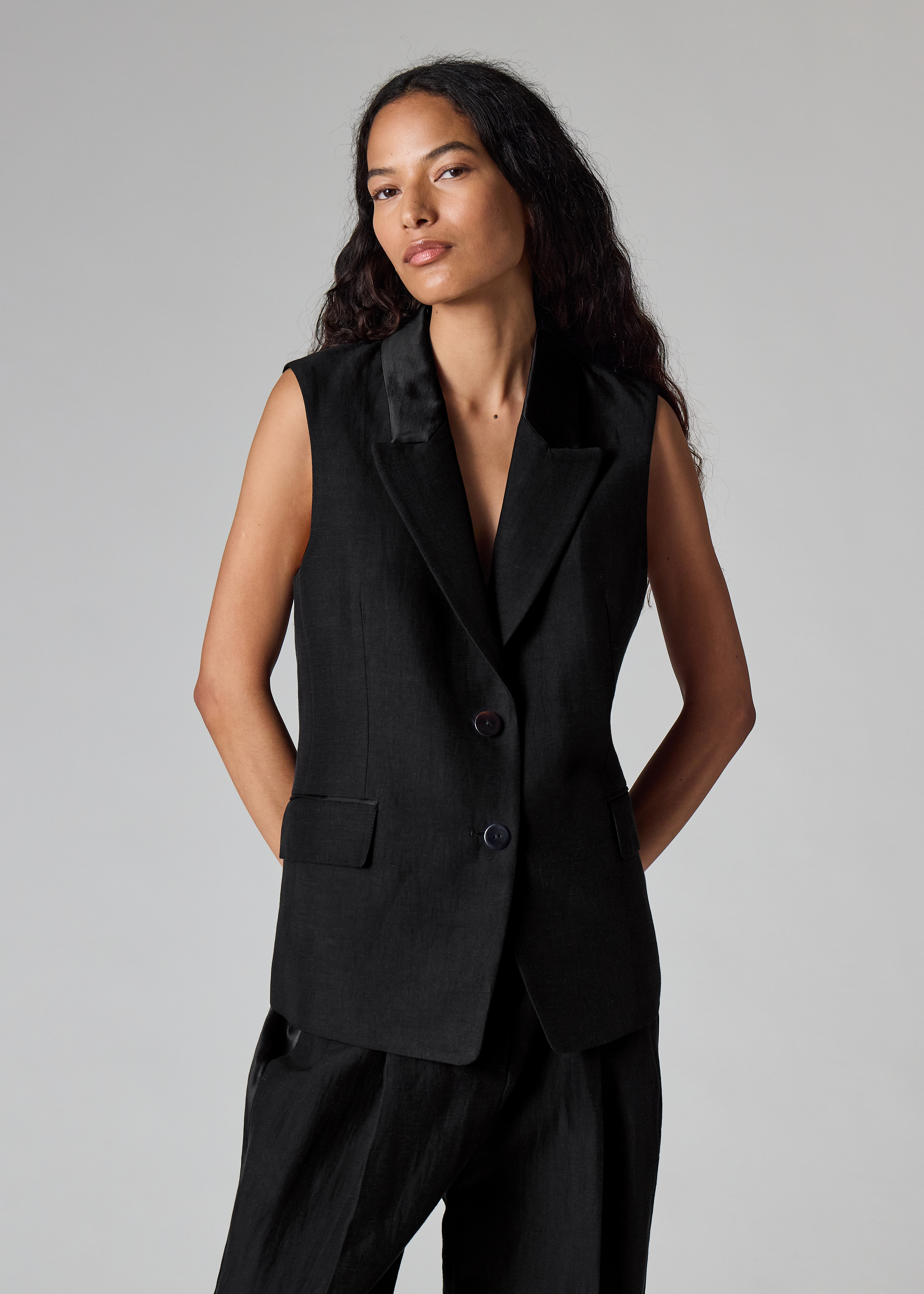 Women's Black Linen-Blend Waistcoat
