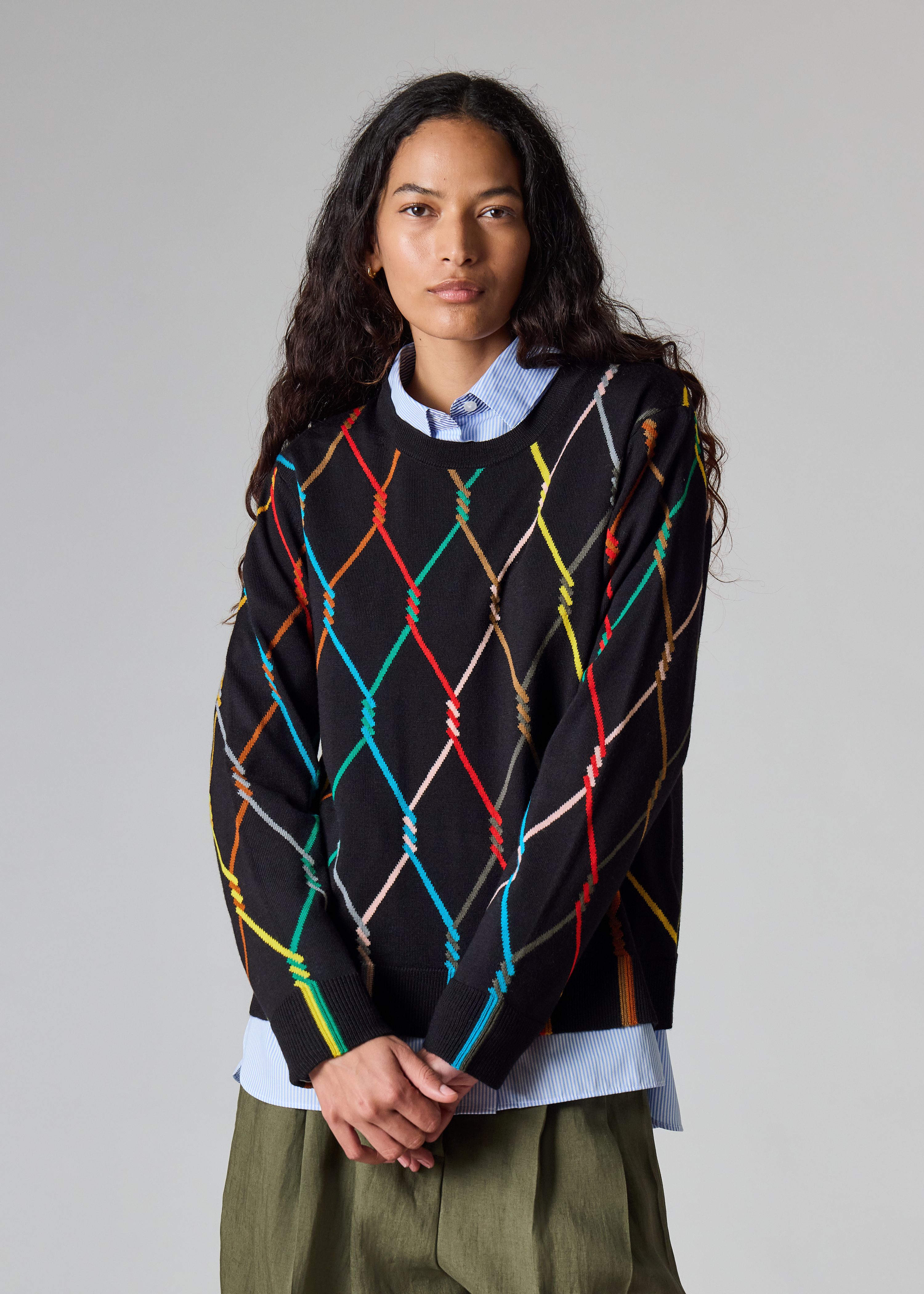 Women's Navy Knitted Sweater with Signature Diamond Pattern