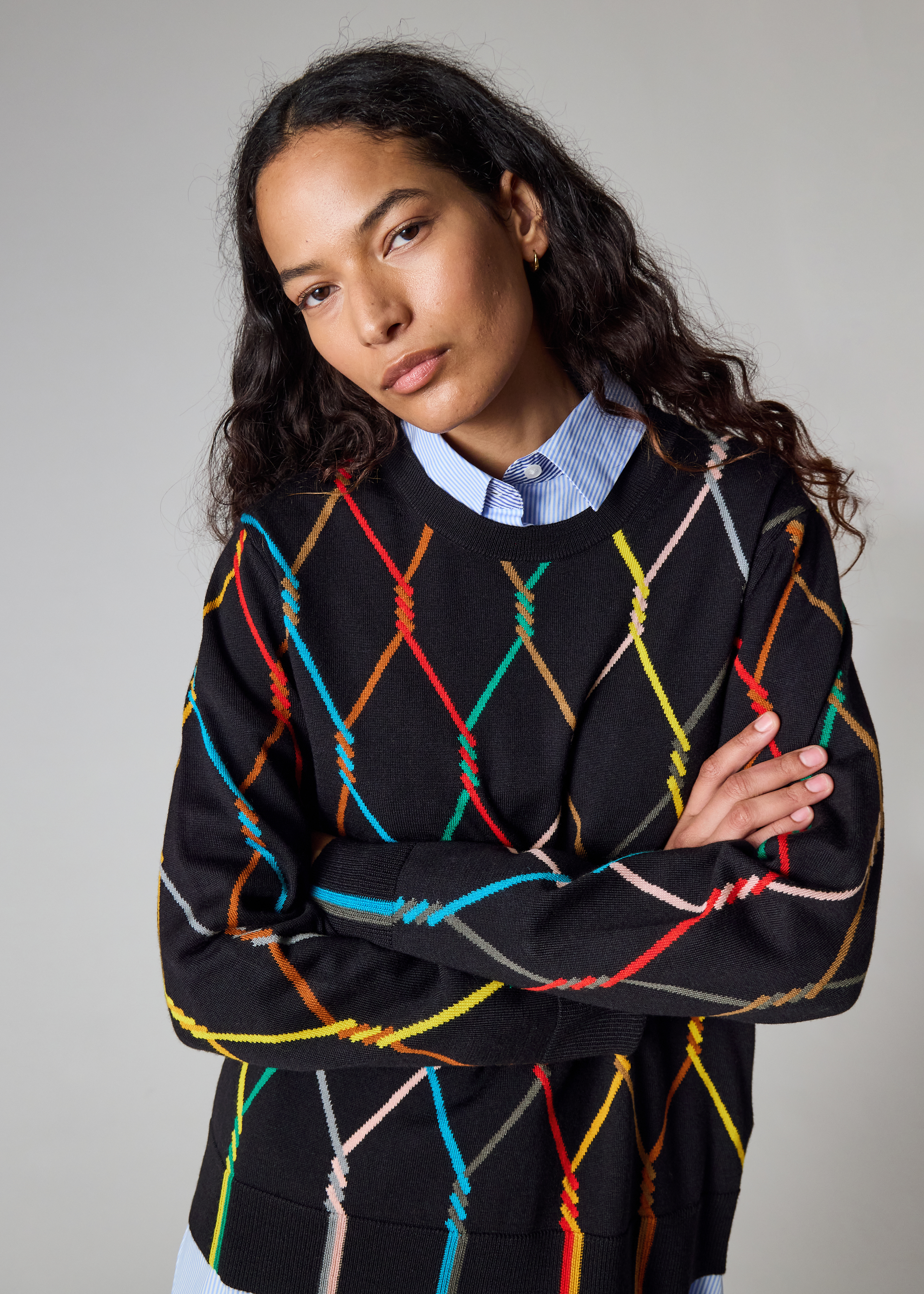 Women's Navy Knitted Sweater with Signature Diamond Pattern