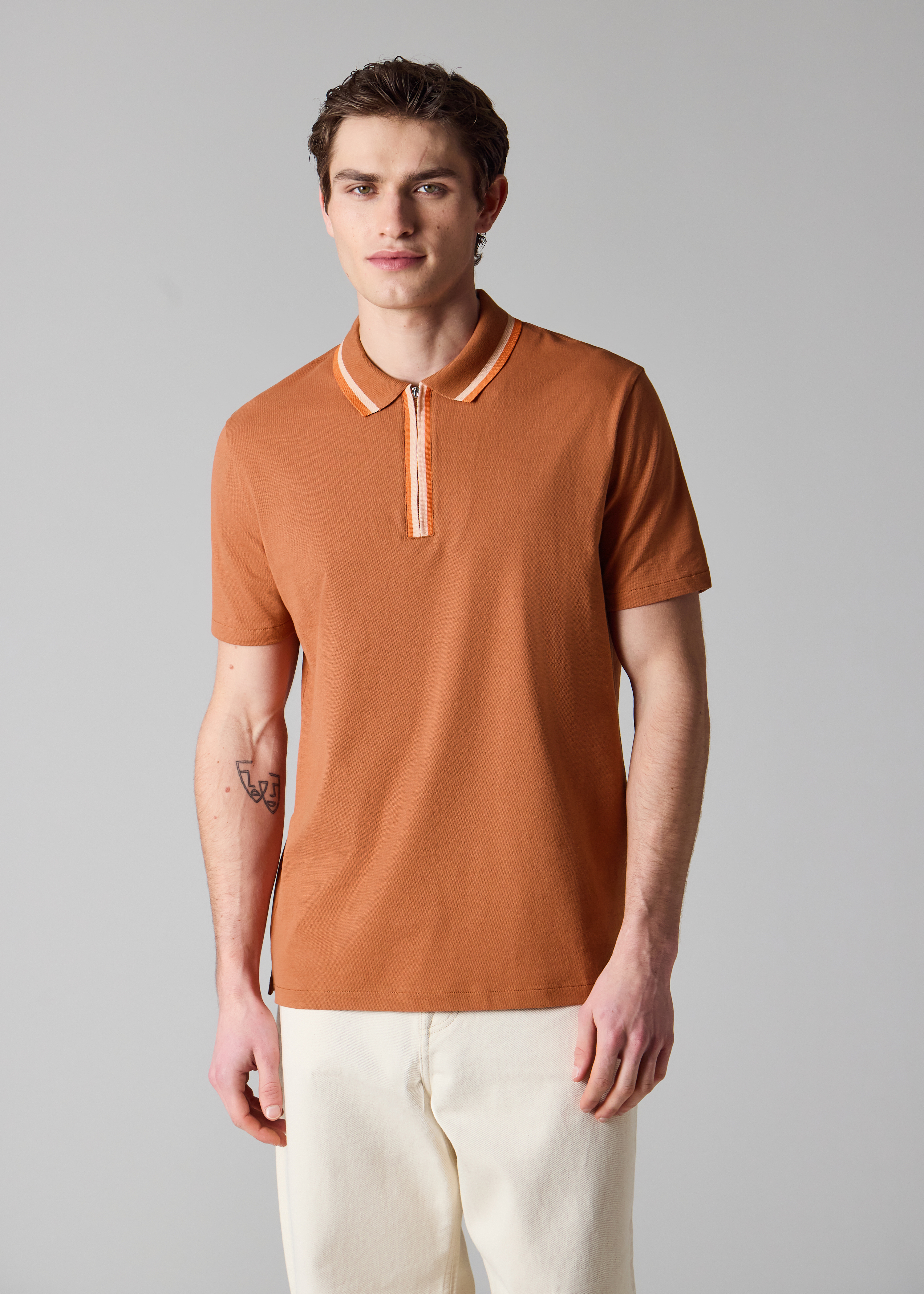 Rust Contrast Tipping Zip Polo Shirt