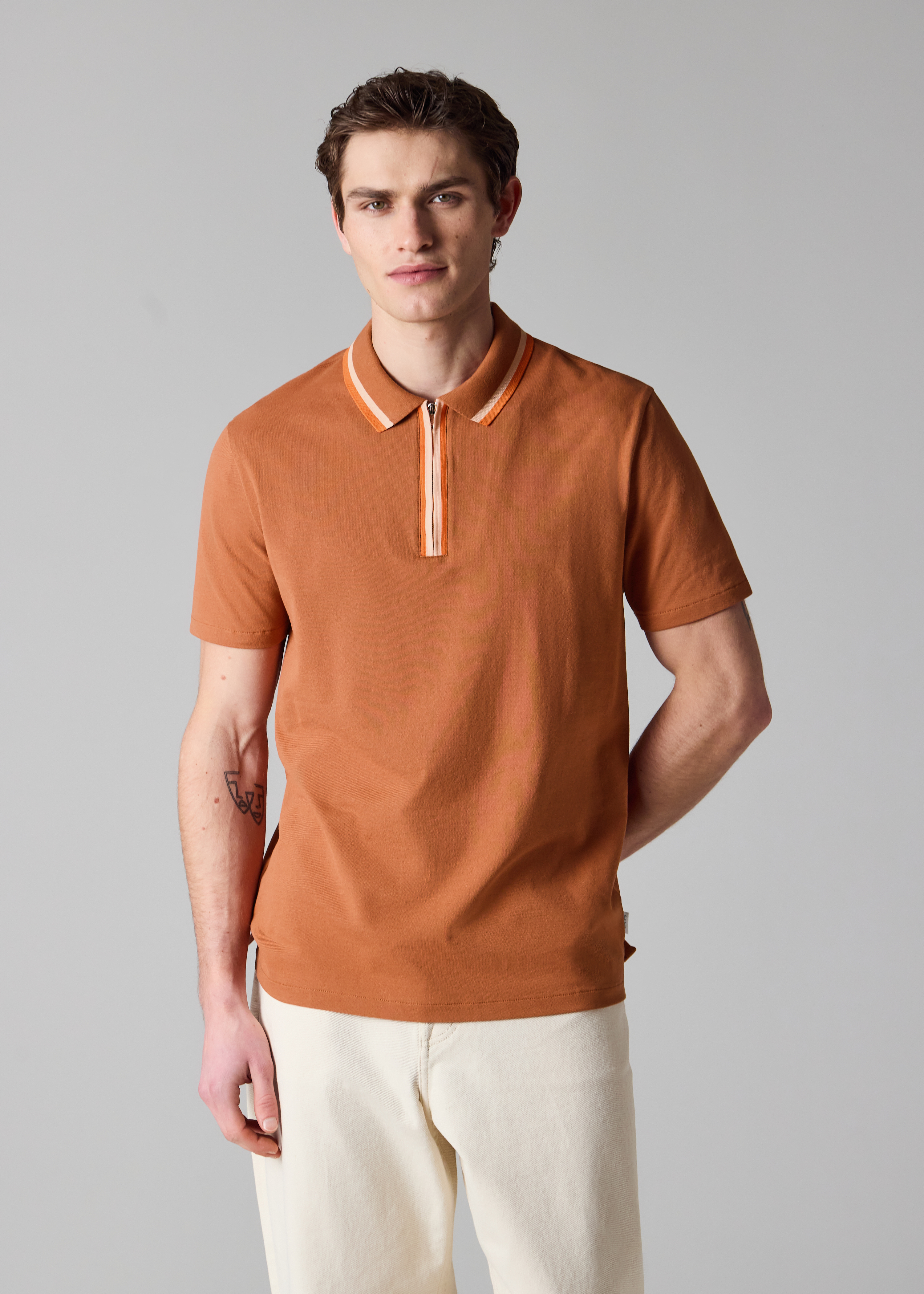 Rust Contrast Tipping Zip Polo Shirt