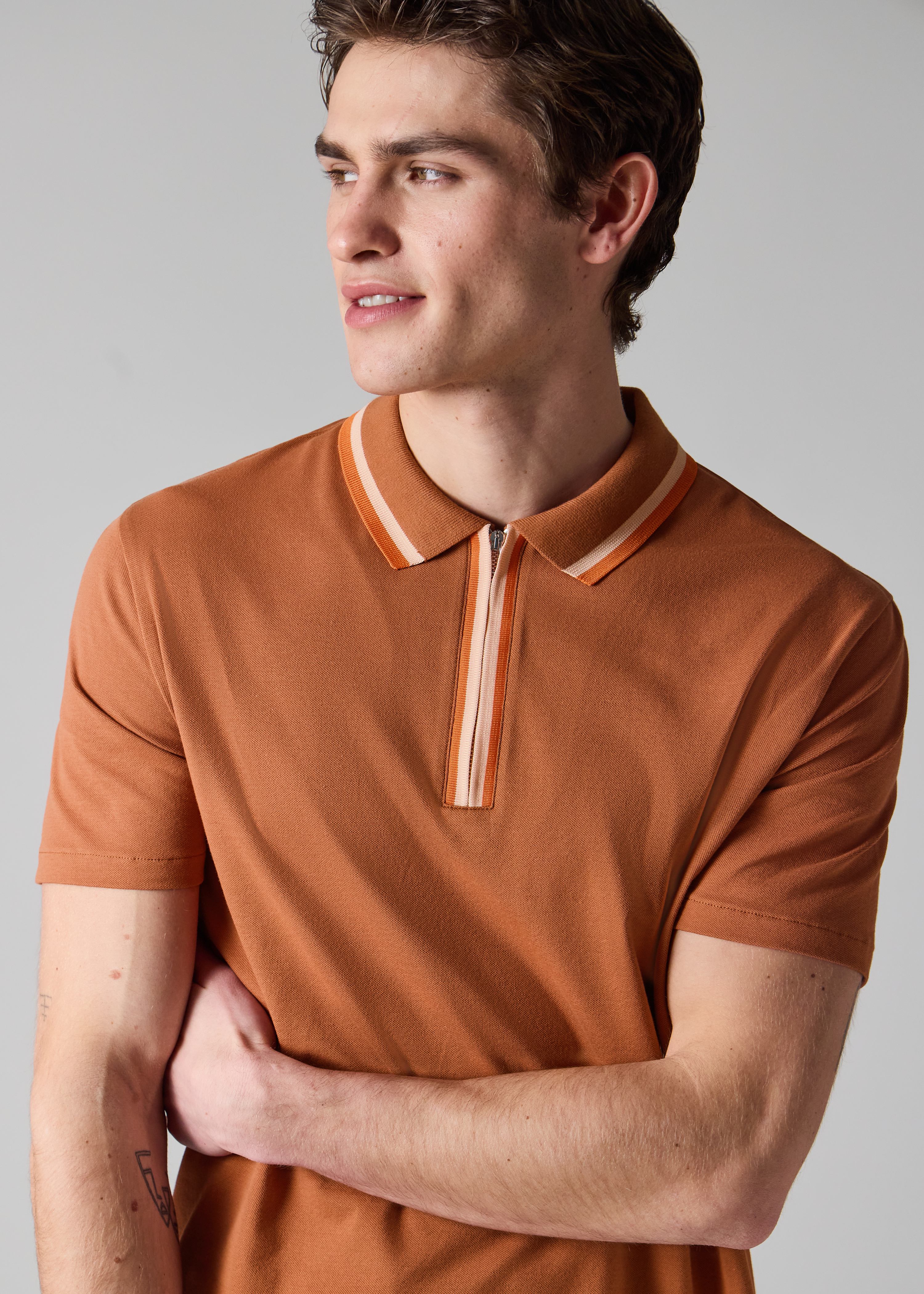 Rust Contrast Tipping Zip Polo Shirt