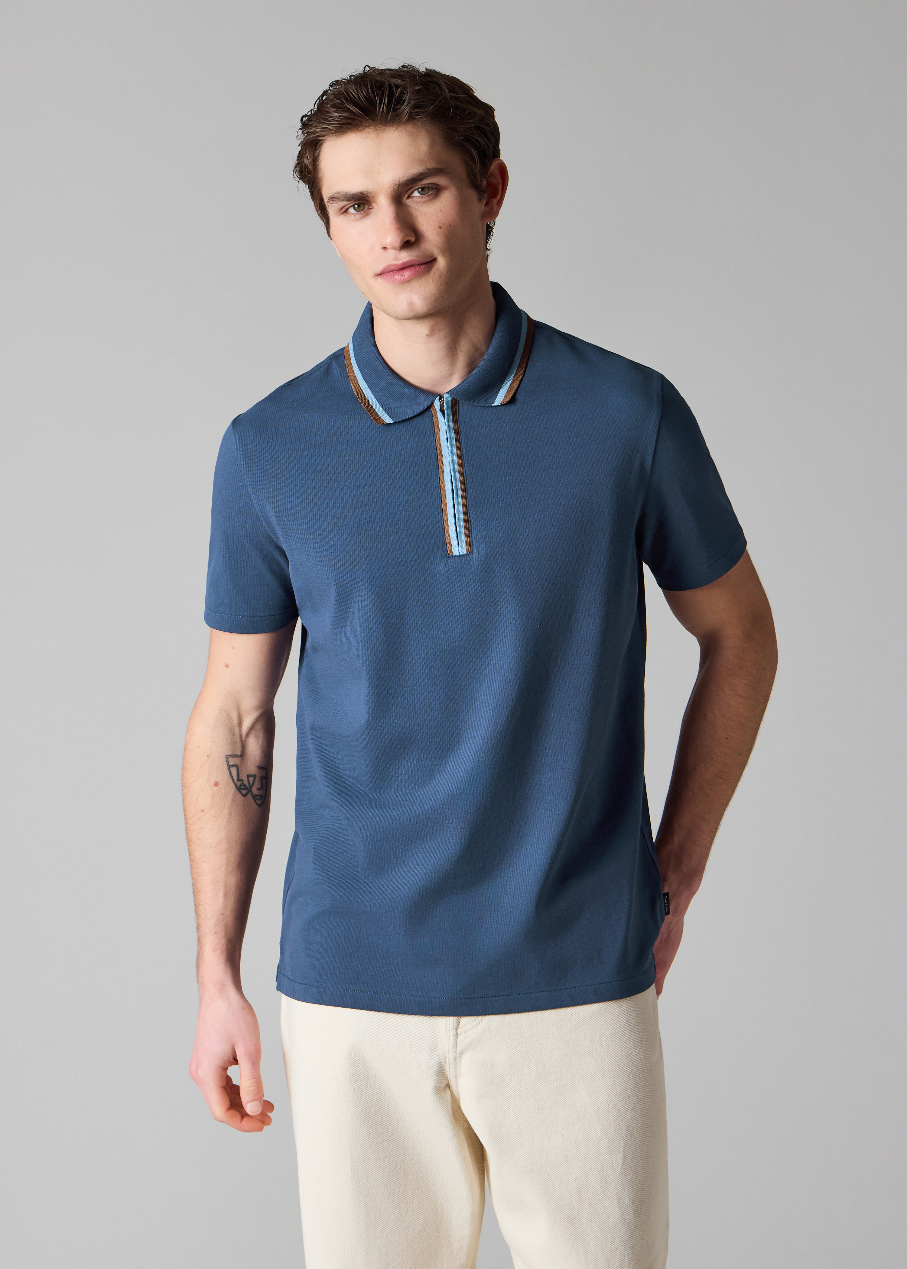 Mid Blue Contrast Tipping Zip Polo Shirt
