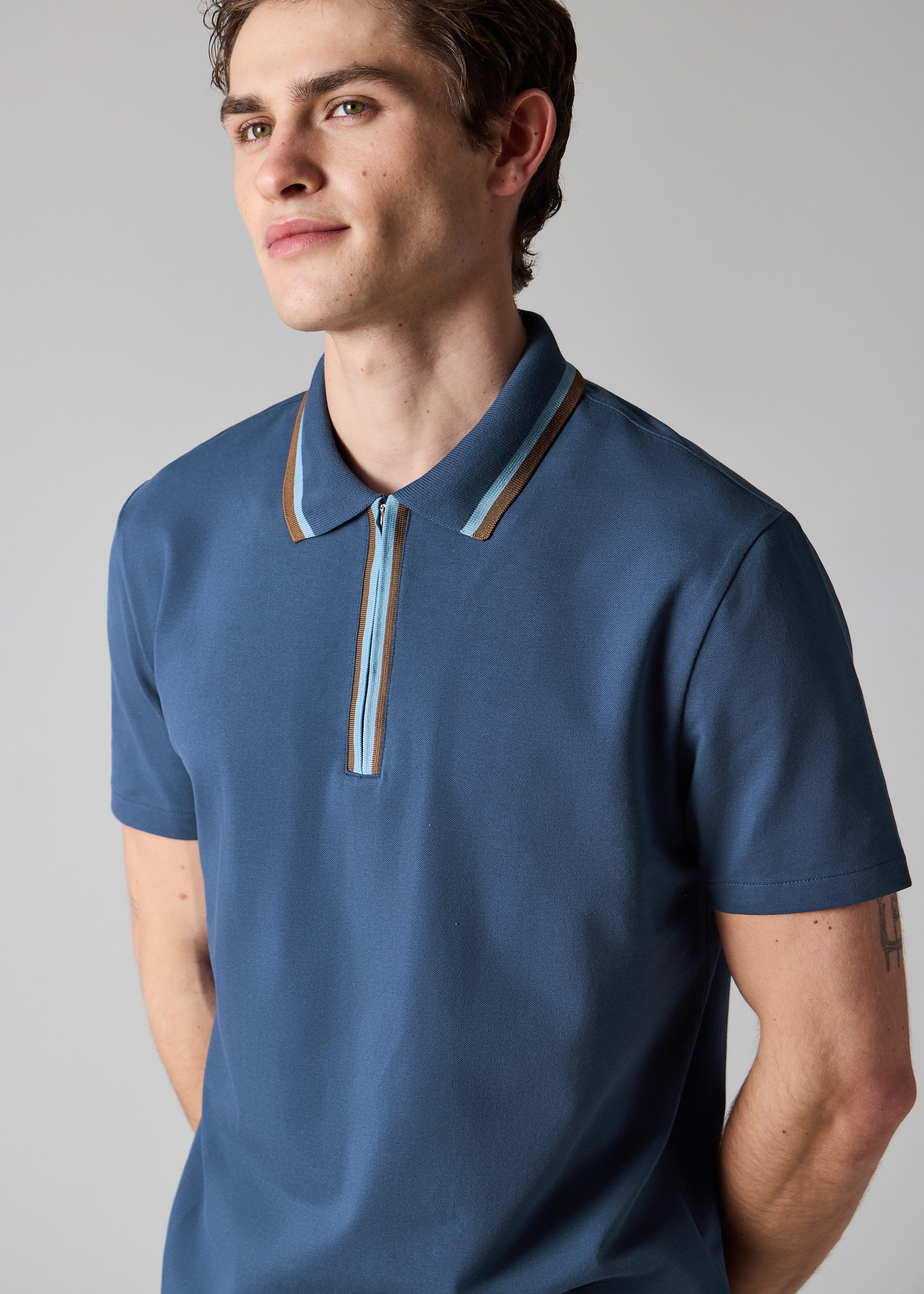 Mid Blue Contrast Tipping Zip Polo Shirt