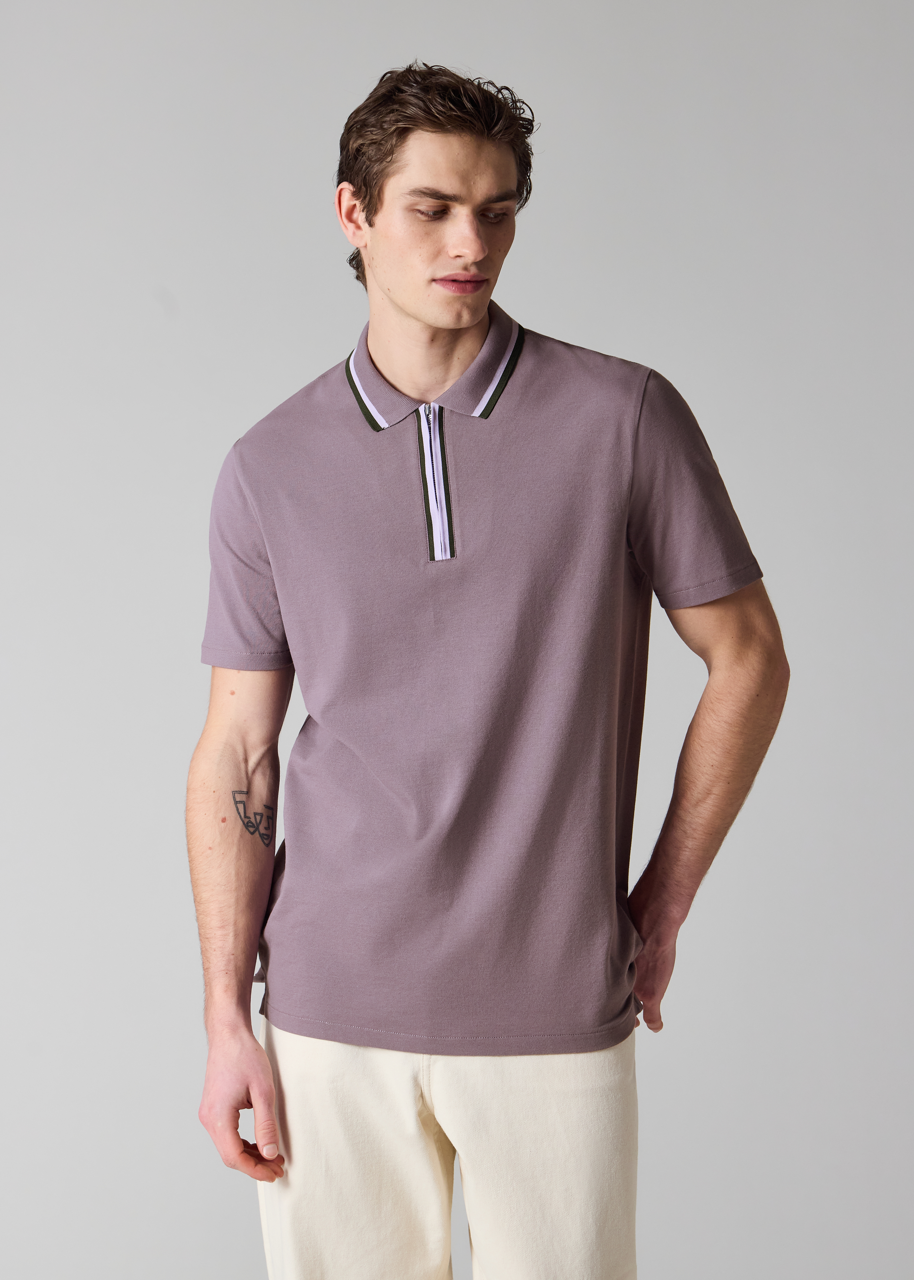 Washed Mauve Contrast Tipping Zip Polo Shirt