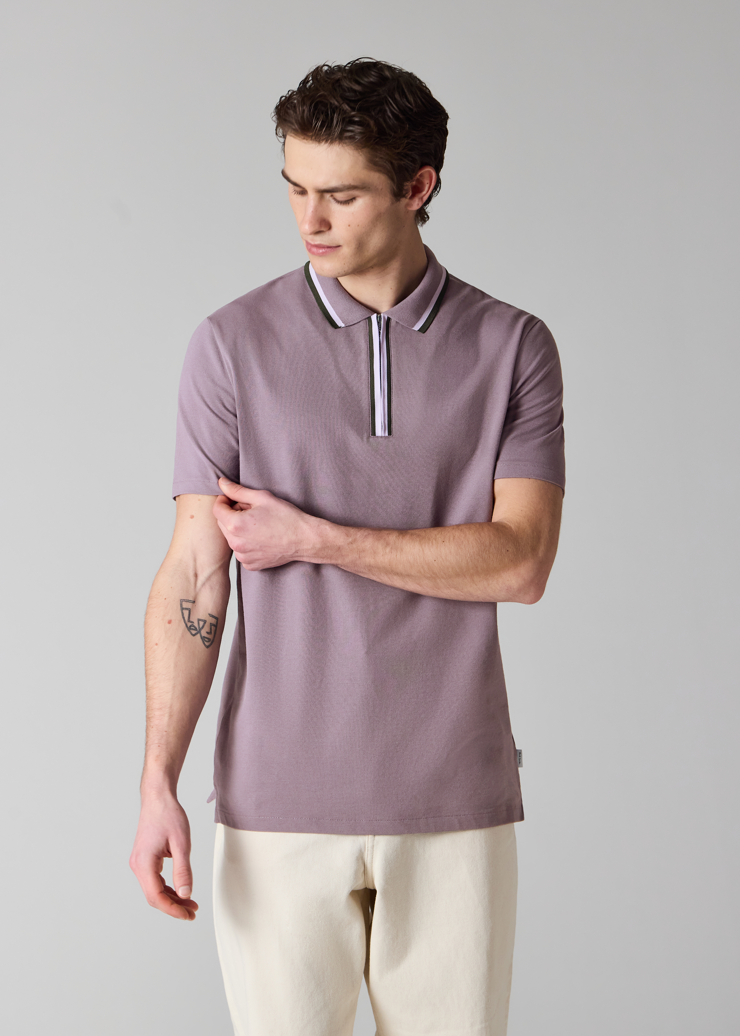 Washed Mauve Contrast Tipping Zip Polo Shirt