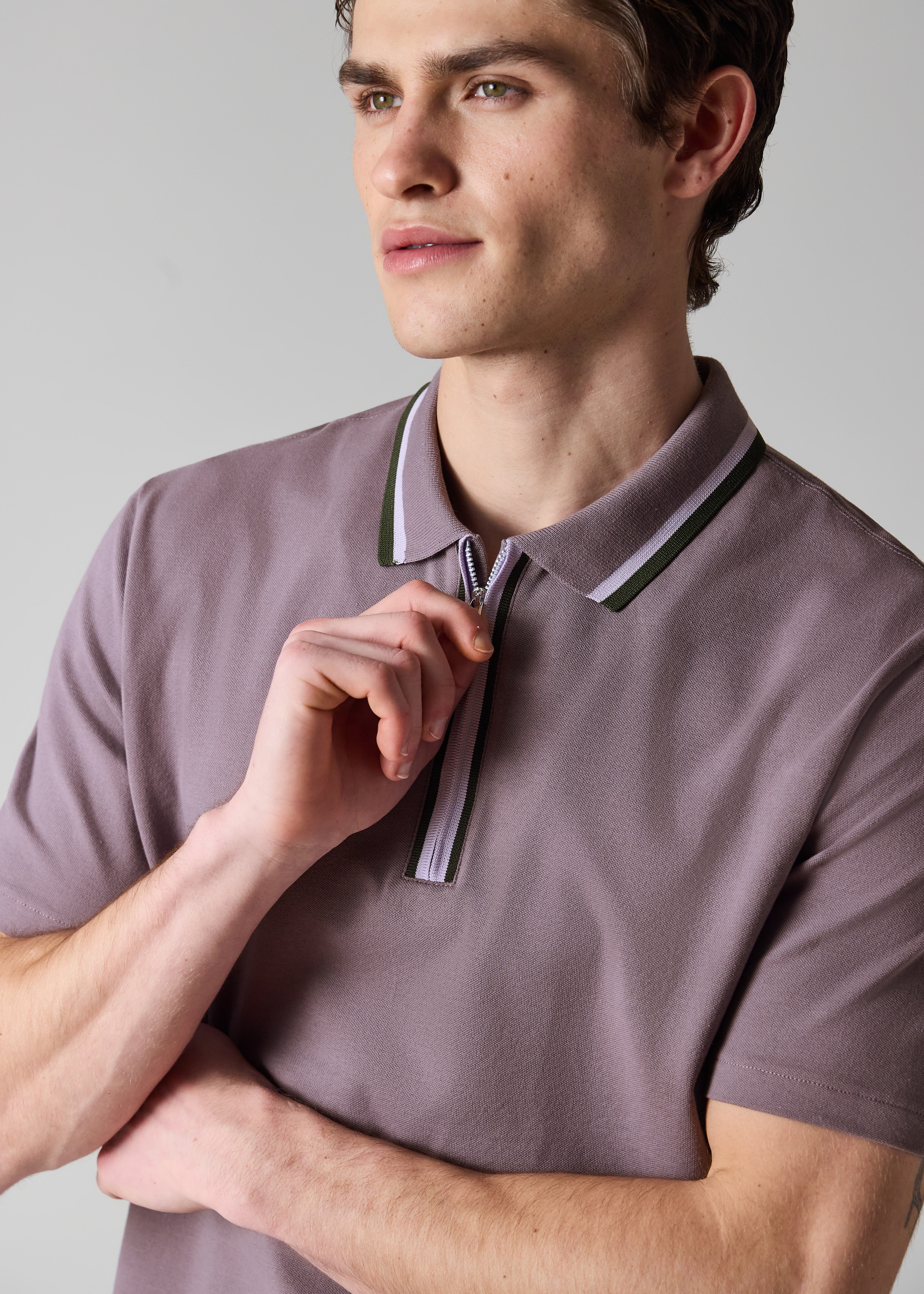 Washed Mauve Contrast Tipping Zip Polo Shirt