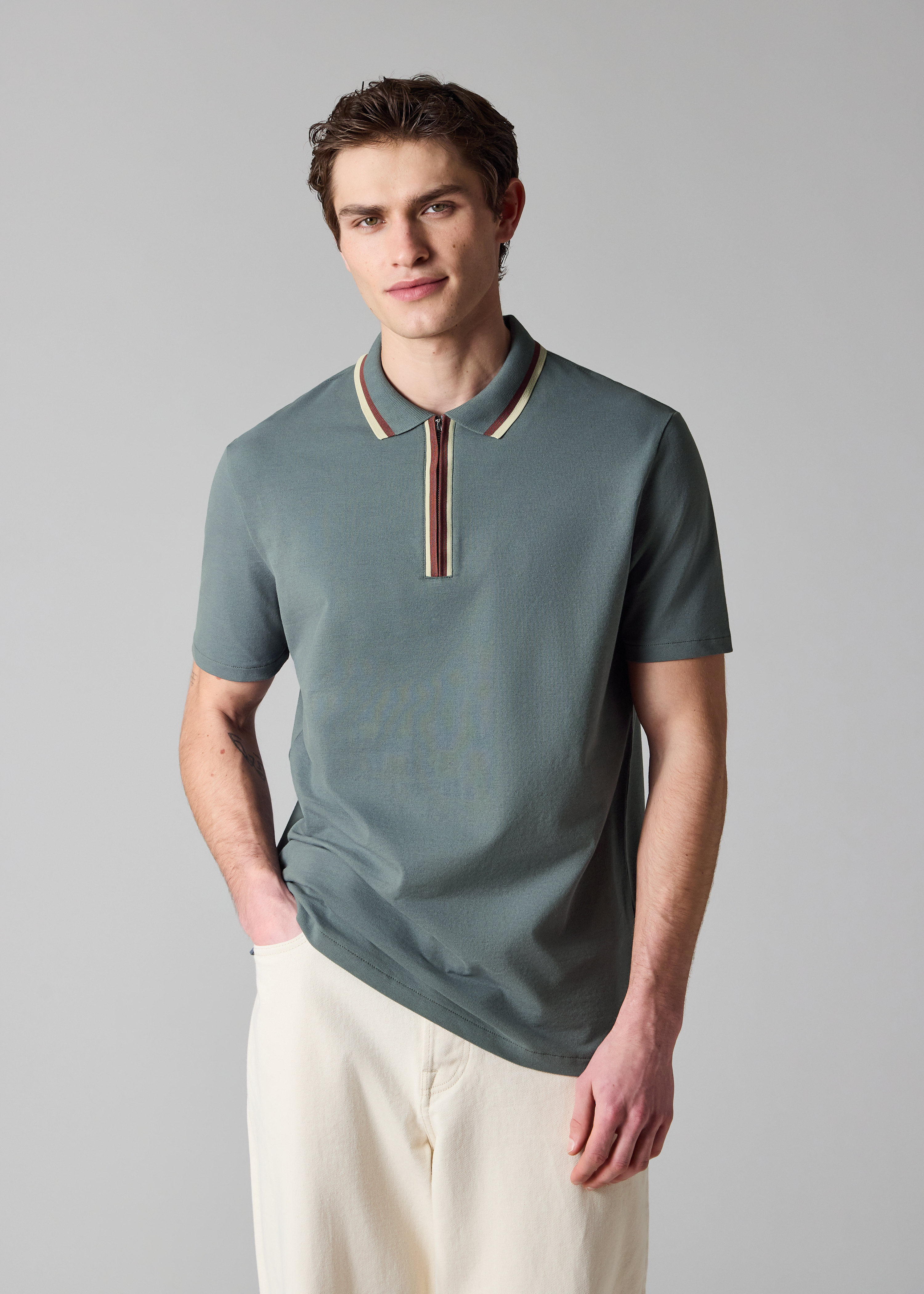 Grey Contrast Tipping Zip Polo Shirt