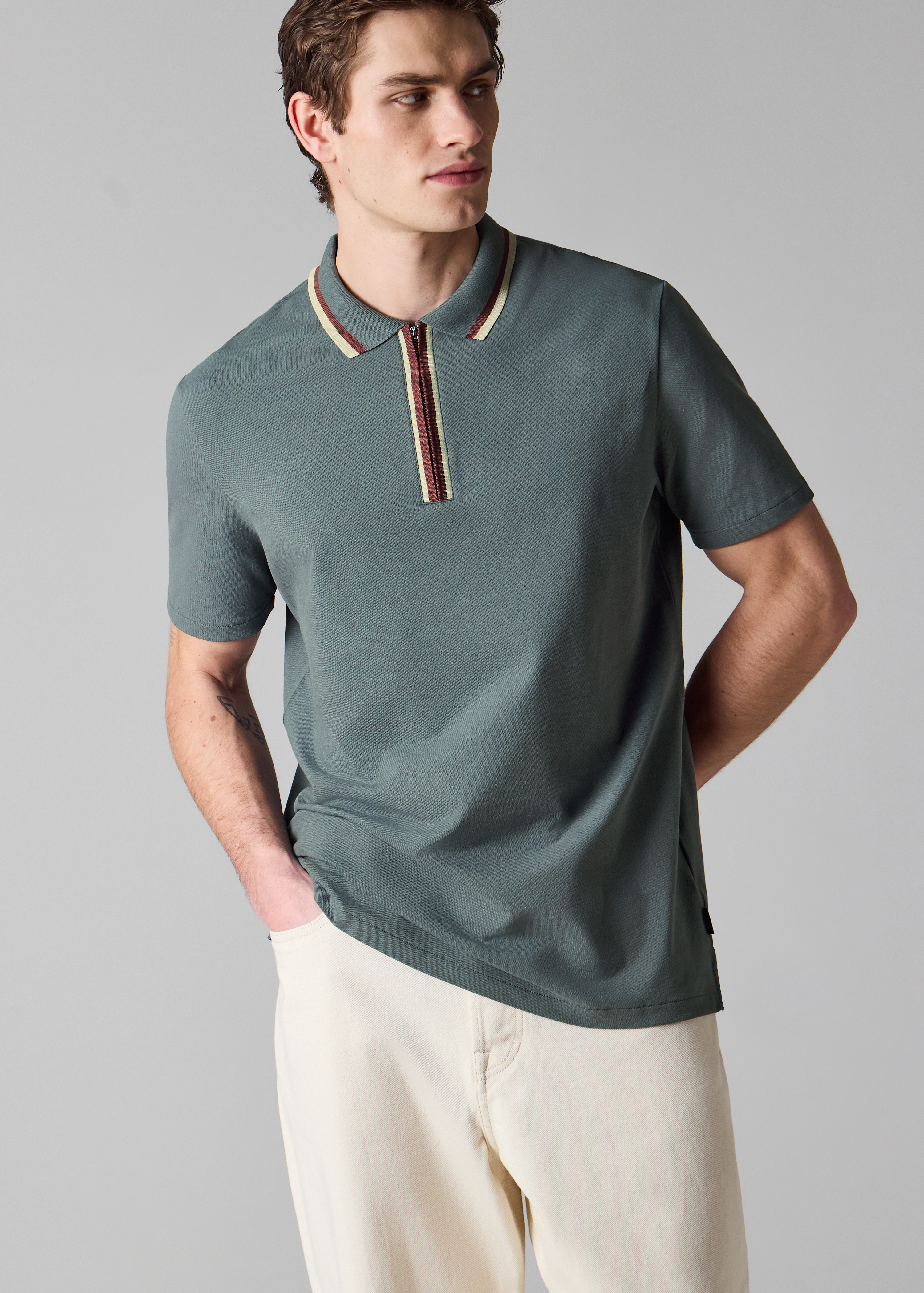 Grey Contrast Tipping Zip Polo Shirt
