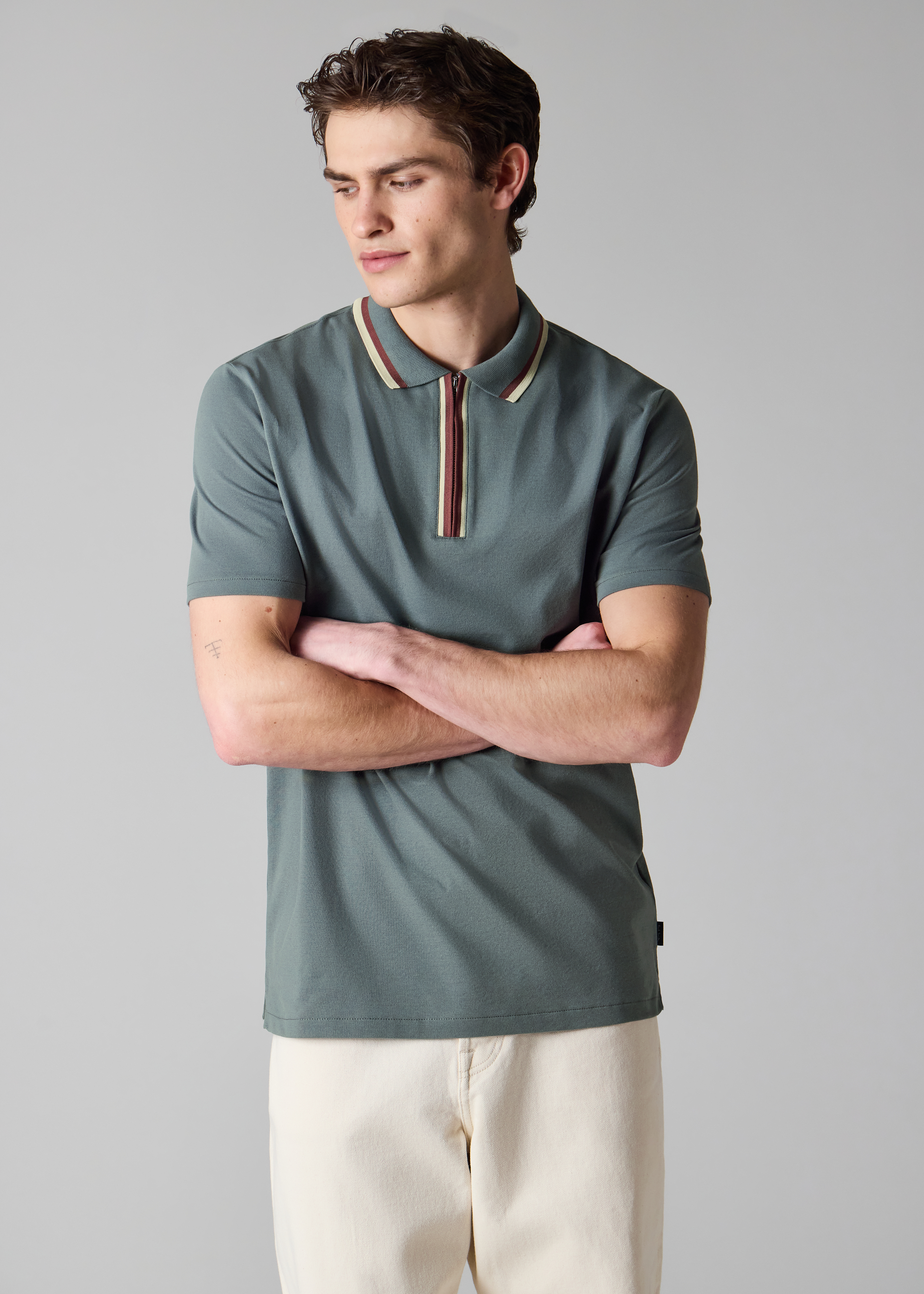 Grey Contrast Tipping Zip Polo Shirt