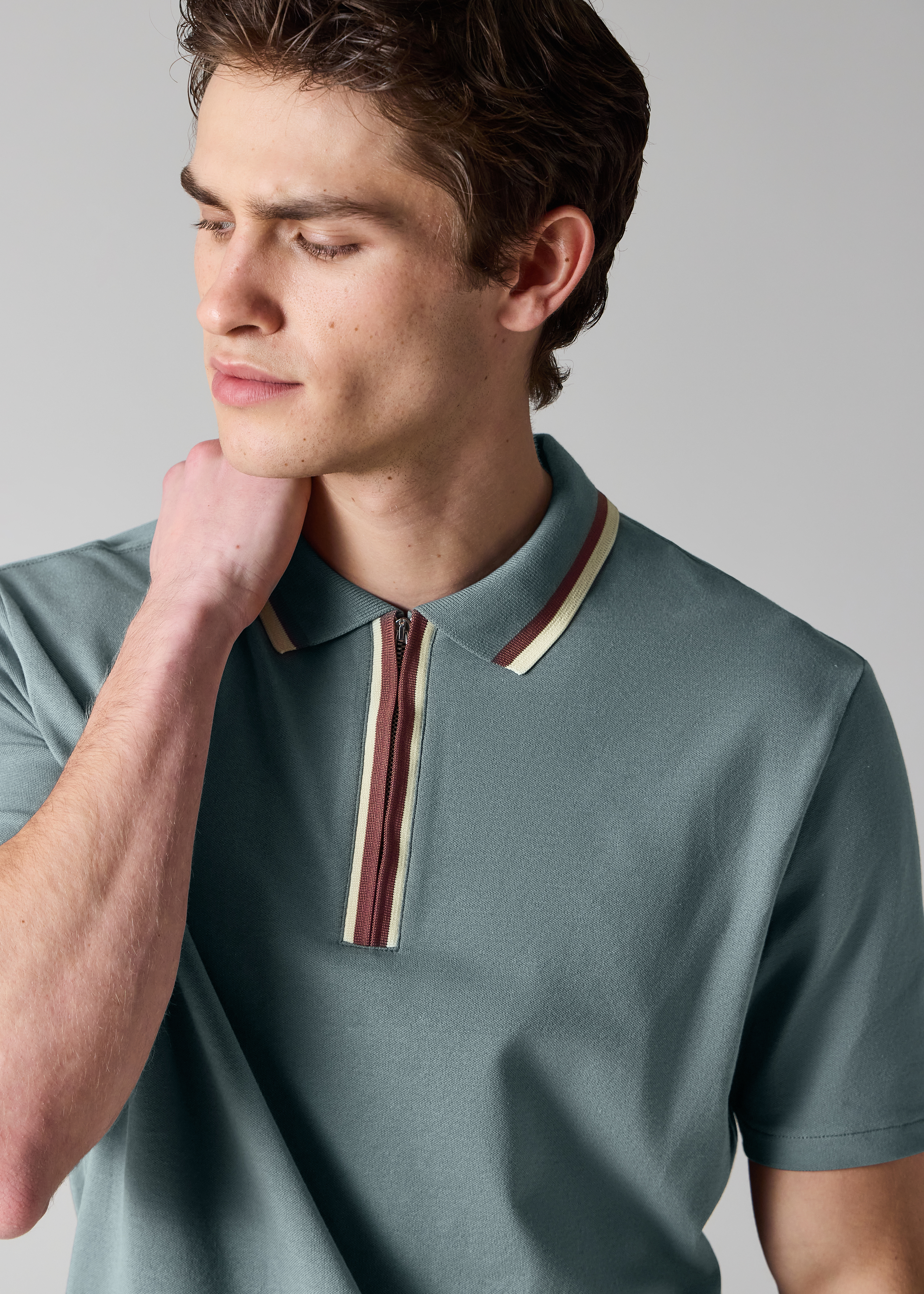 Grey Contrast Tipping Zip Polo Shirt
