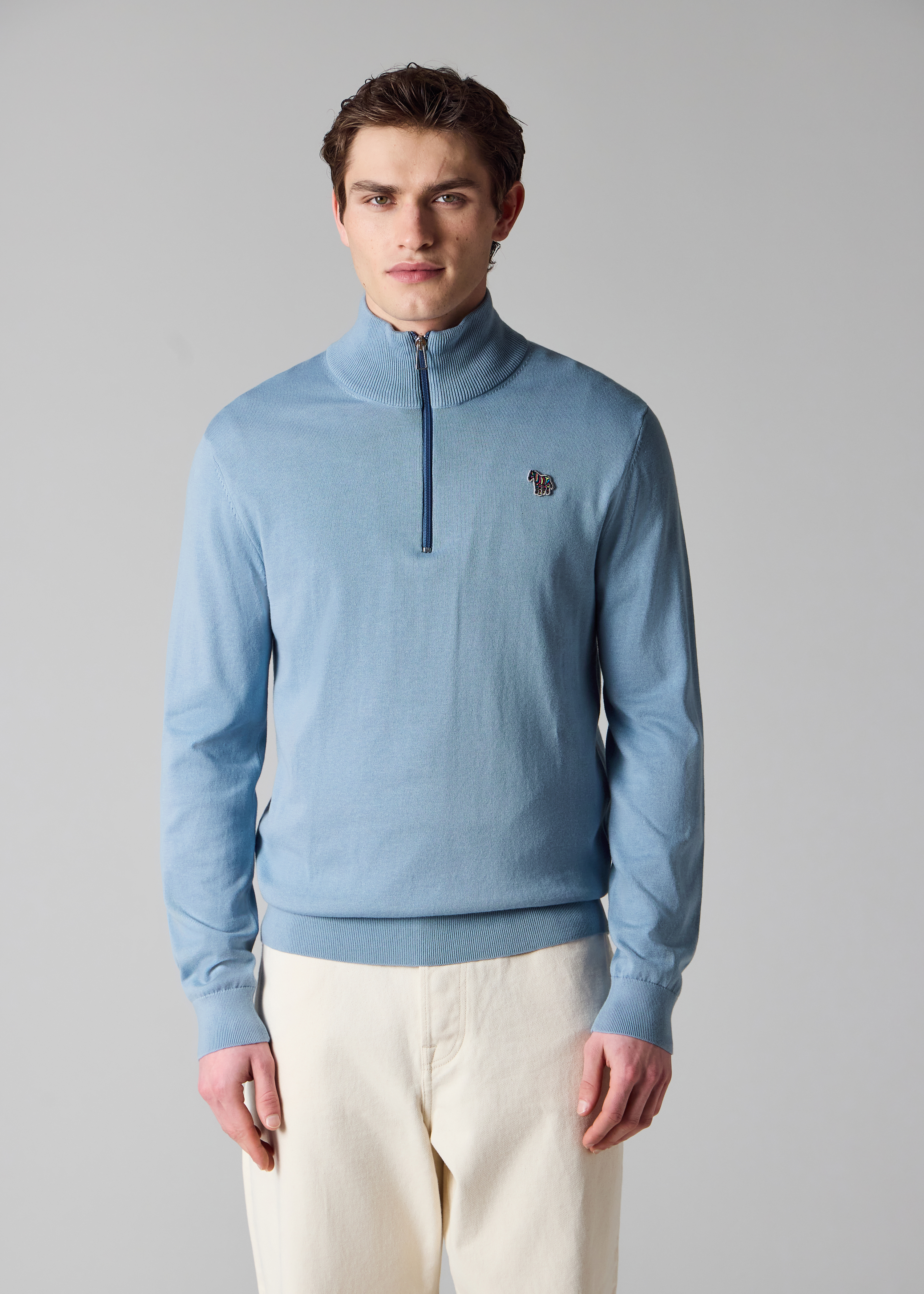 Pale Blue Organic Cotton Quarter Zip Zebra Logo Sweater