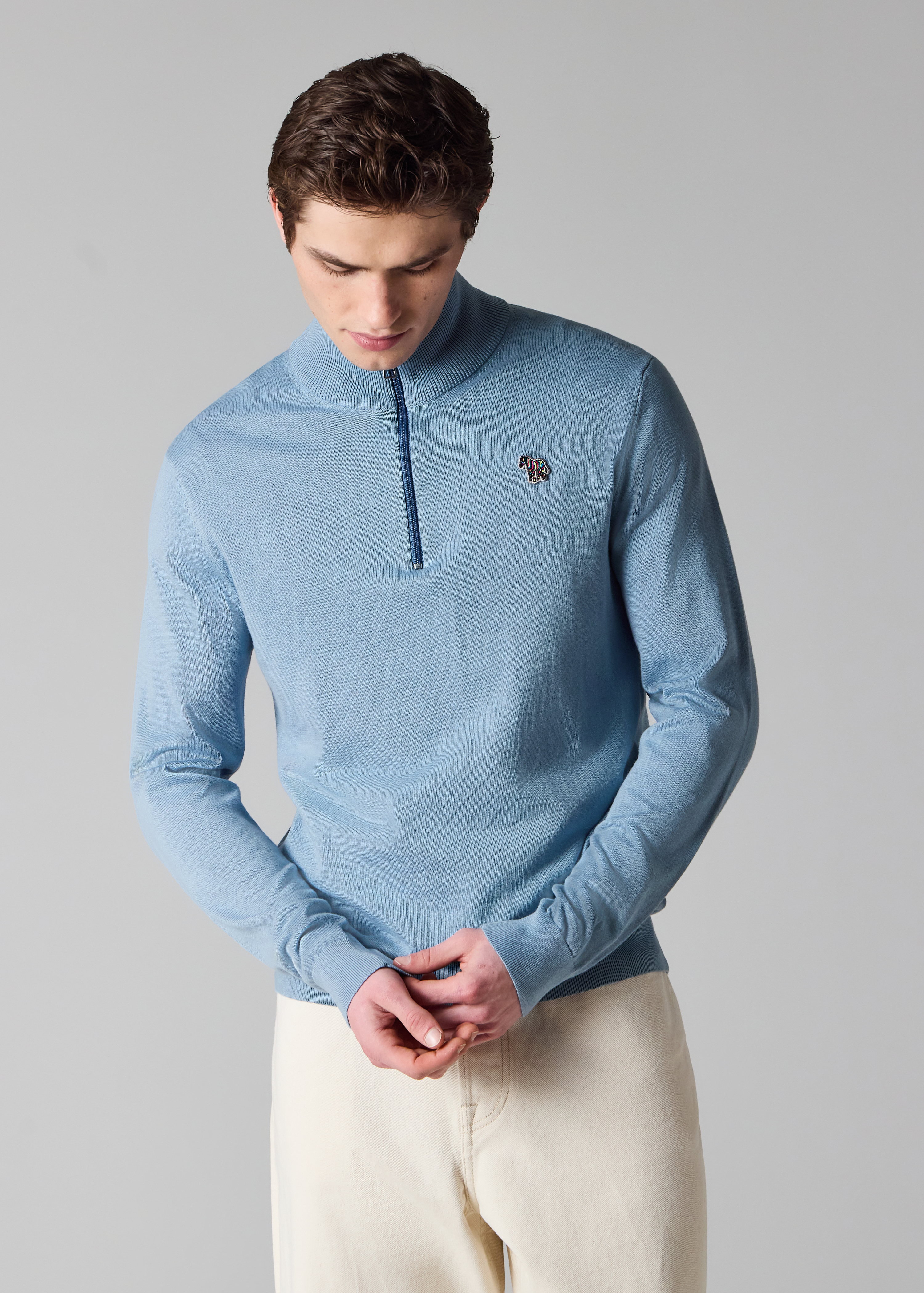 Pale Blue Organic Cotton Quarter Zip Zebra Logo Sweater