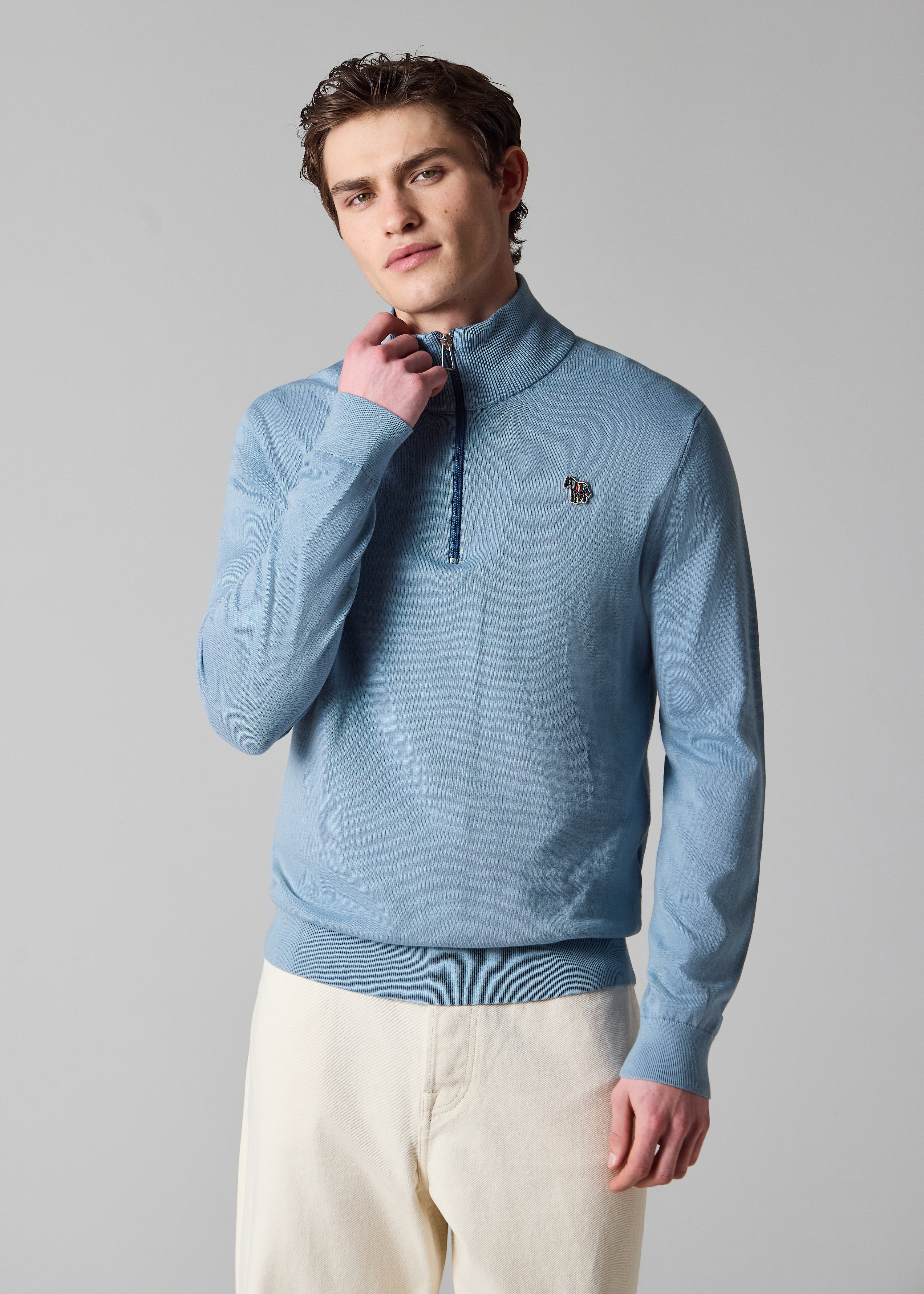 Pale Blue Organic Cotton Quarter Zip Zebra Logo Sweater