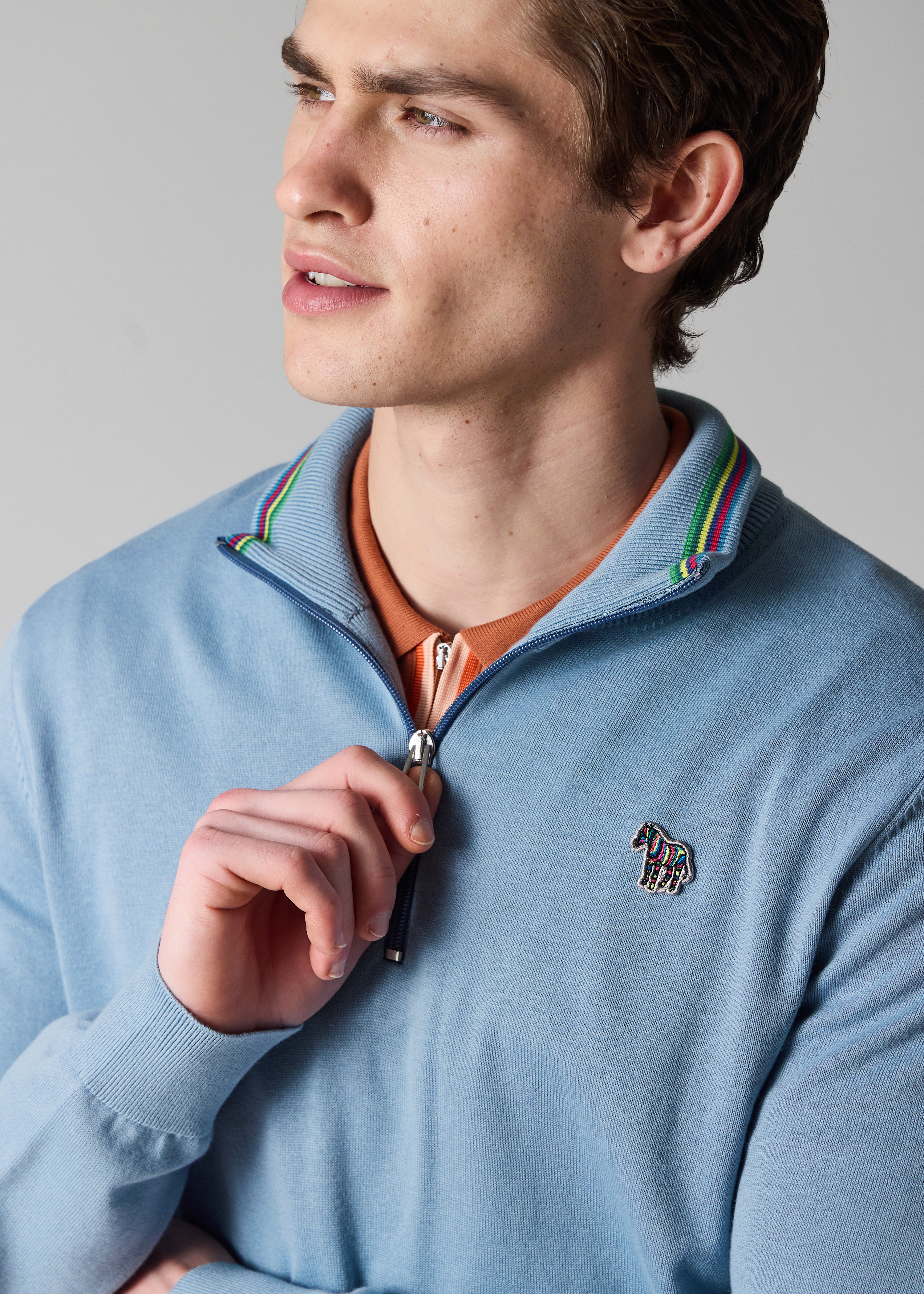 Pale Blue Organic Cotton Quarter Zip Zebra Logo Sweater