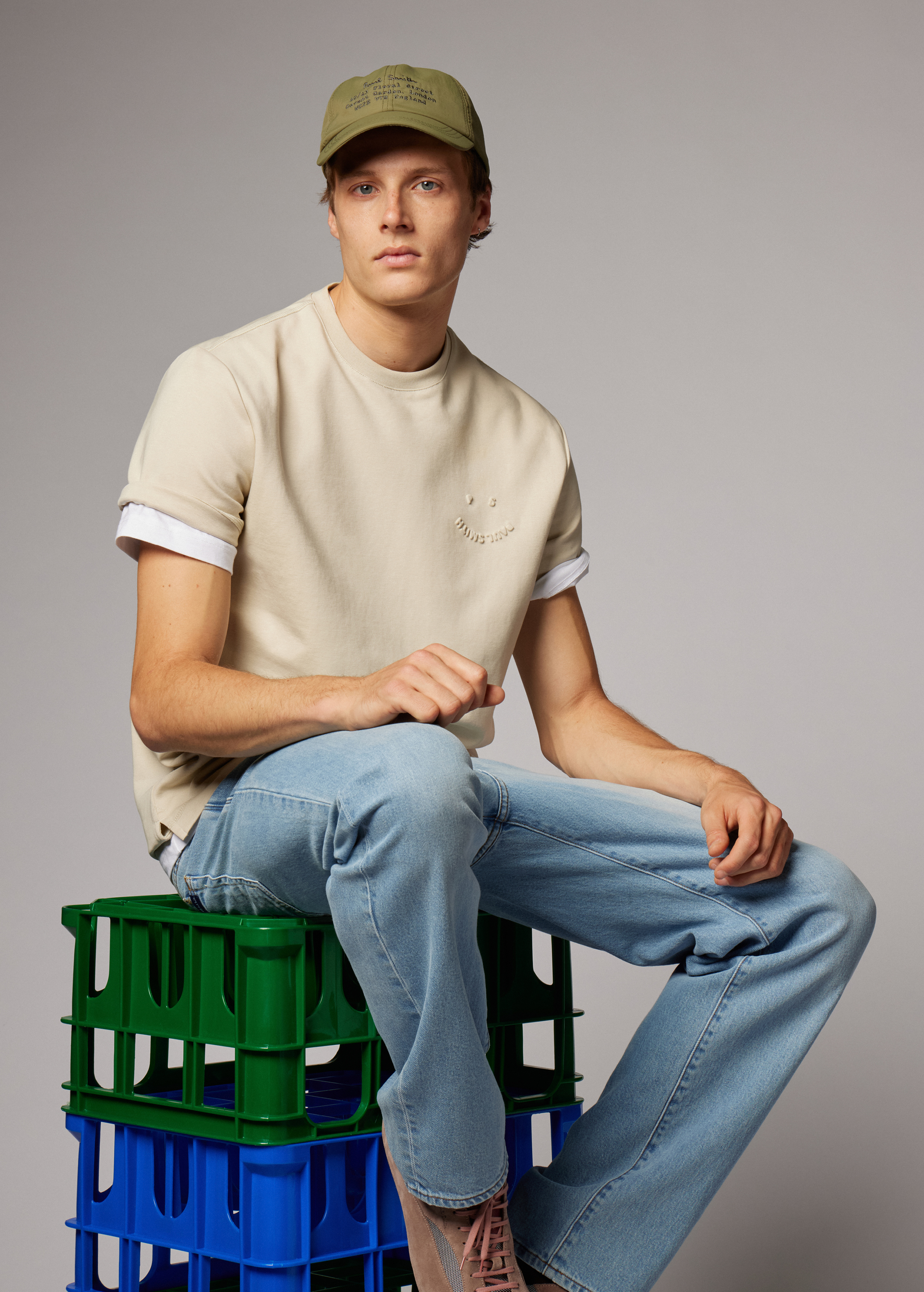 Casual-Fit Ecru Embossed 'Happy' T-Shirt