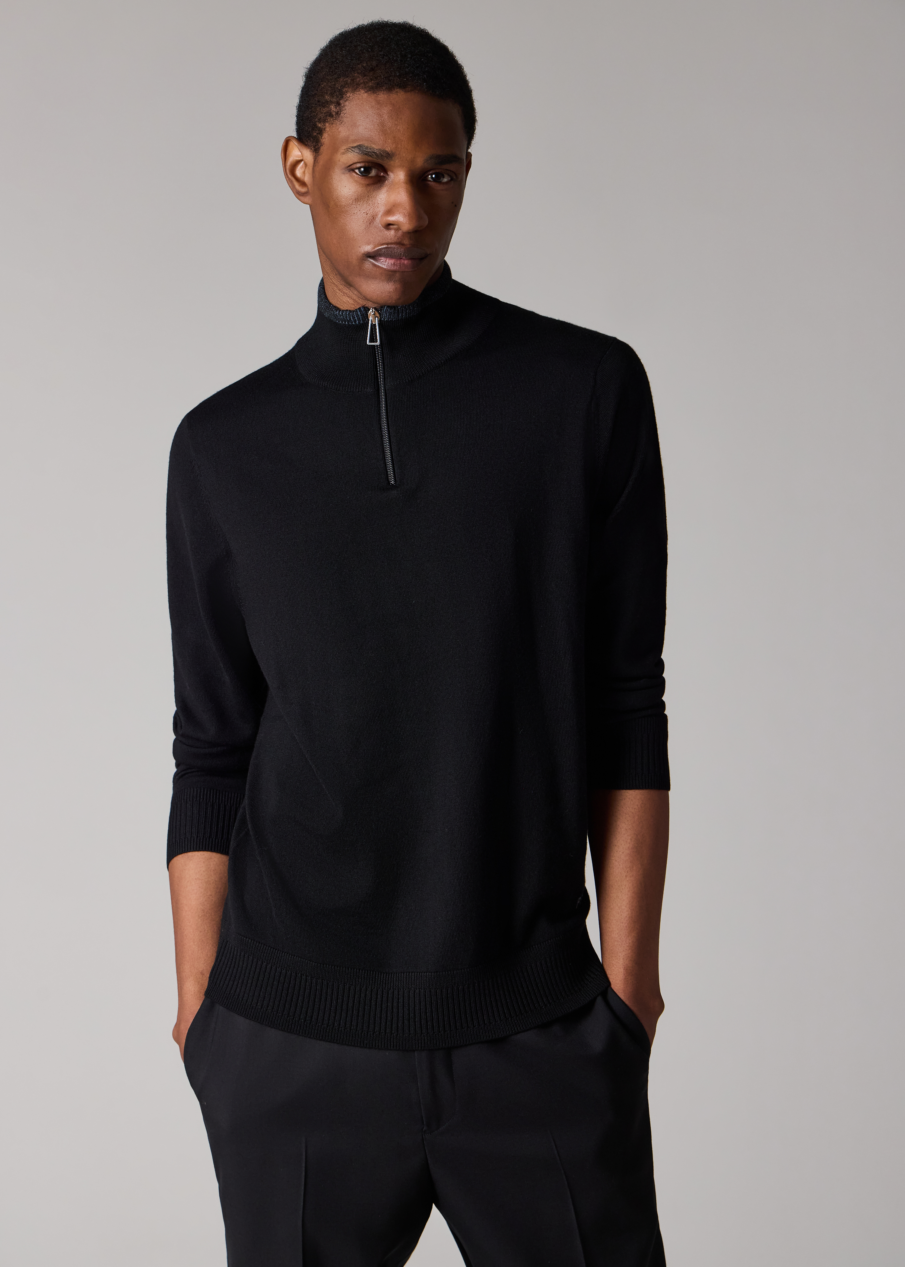 Black Merino Wool Quarter Zip Sweater