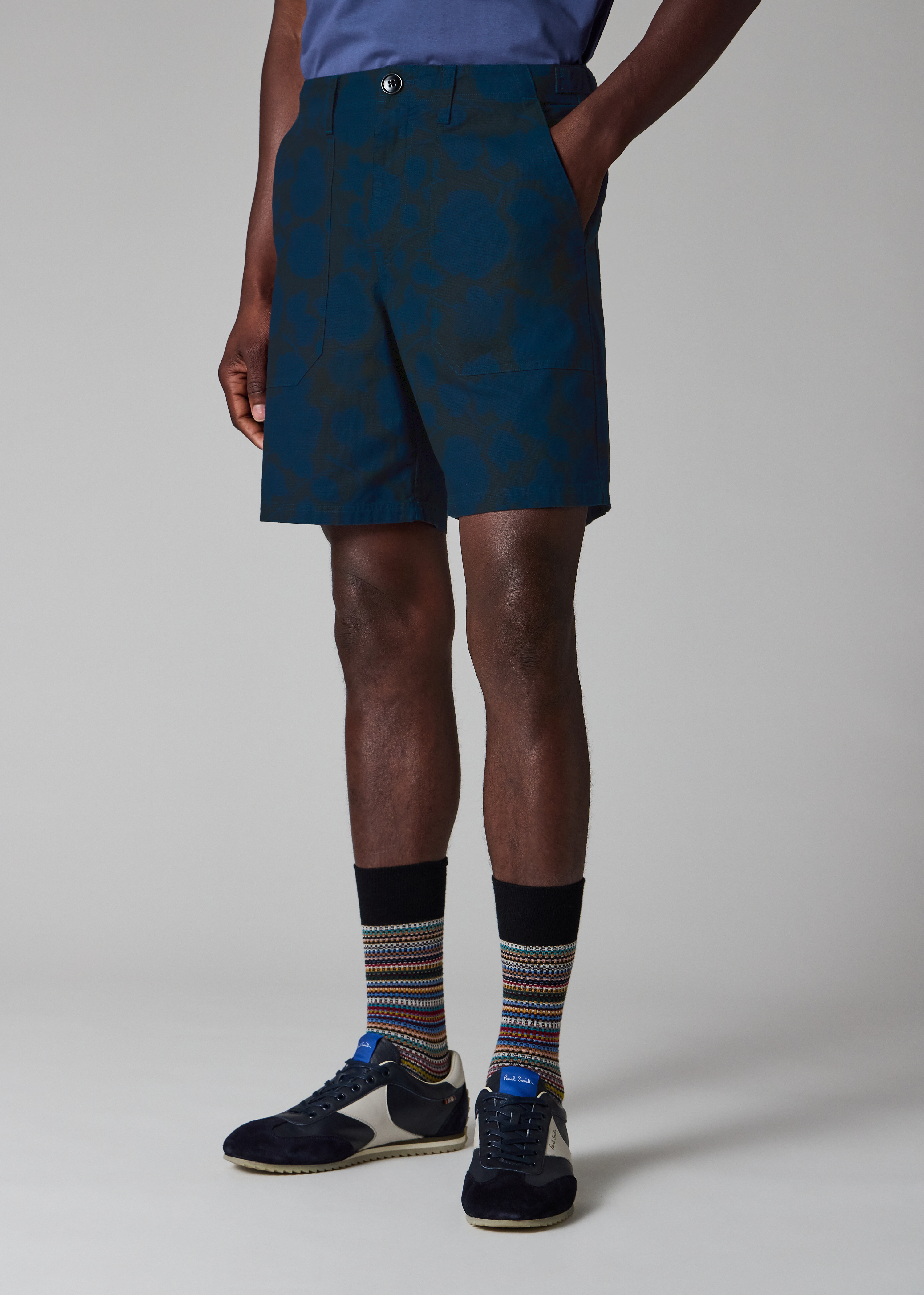 Navy 'Perforated Floral' Cotton Shorts