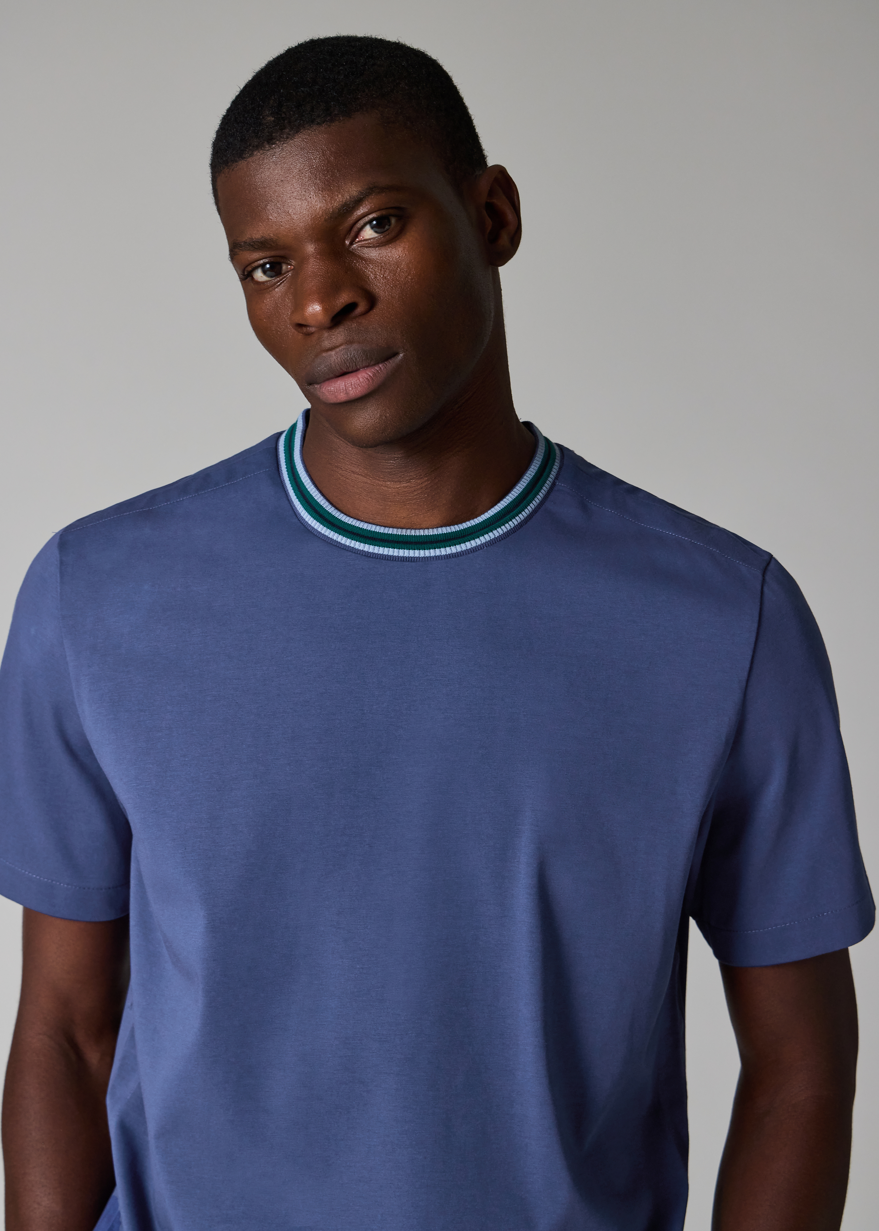 Indigo Blue Plated Jersey T-Shirt with Contrast Collar