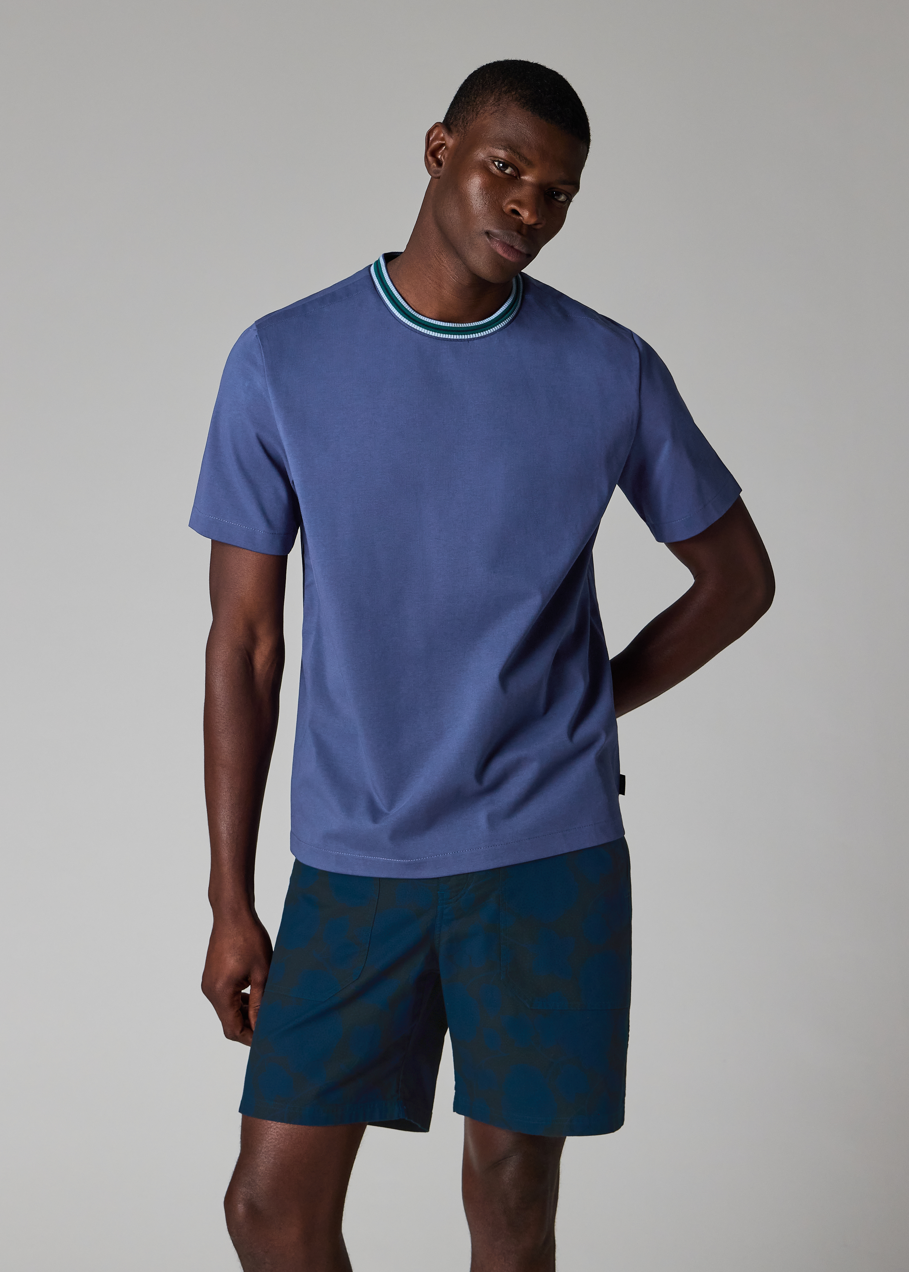 Indigo Blue Plated Jersey T-Shirt with Contrast Collar