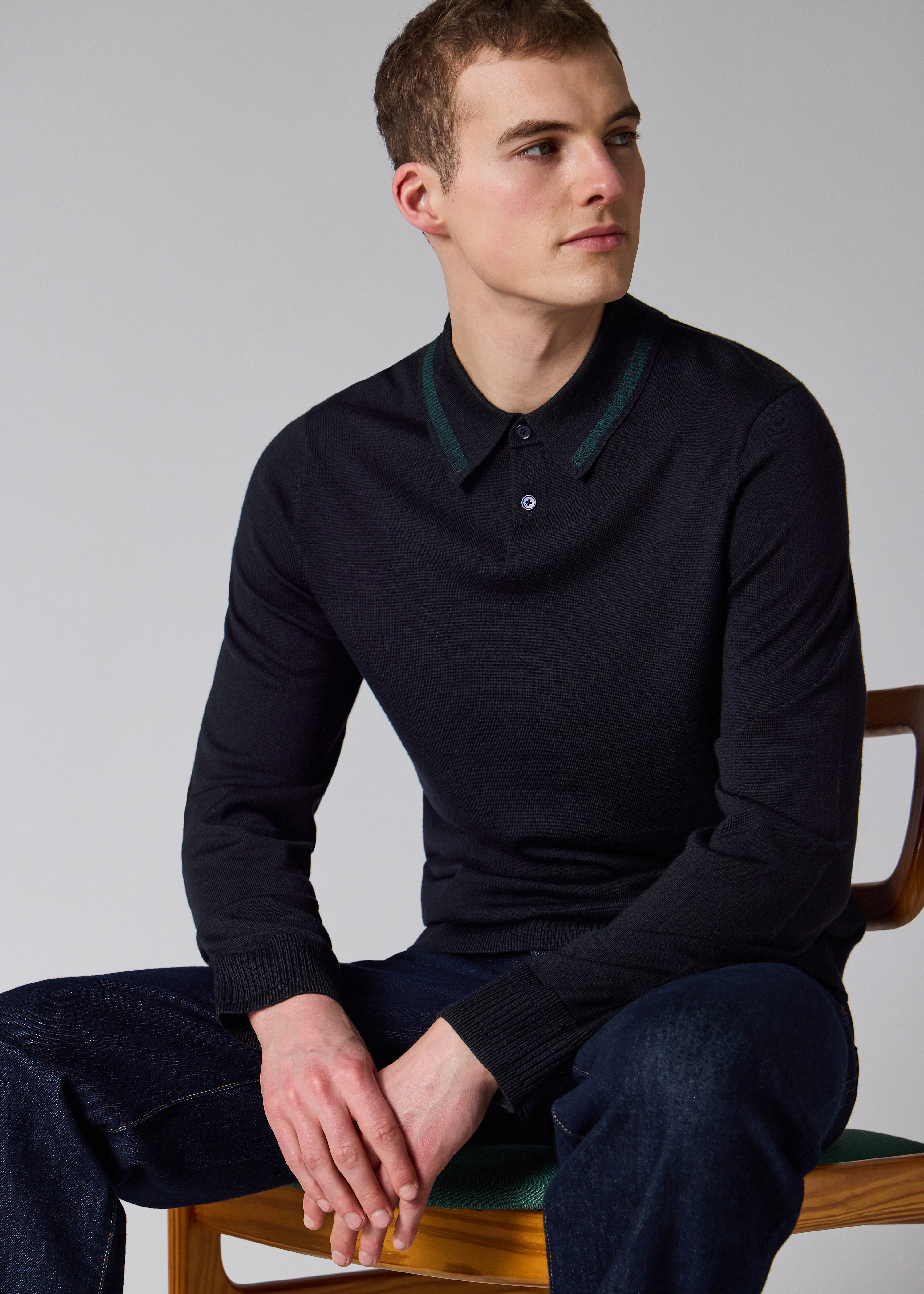 Navy Merino Wool Knitted Polo Shirt