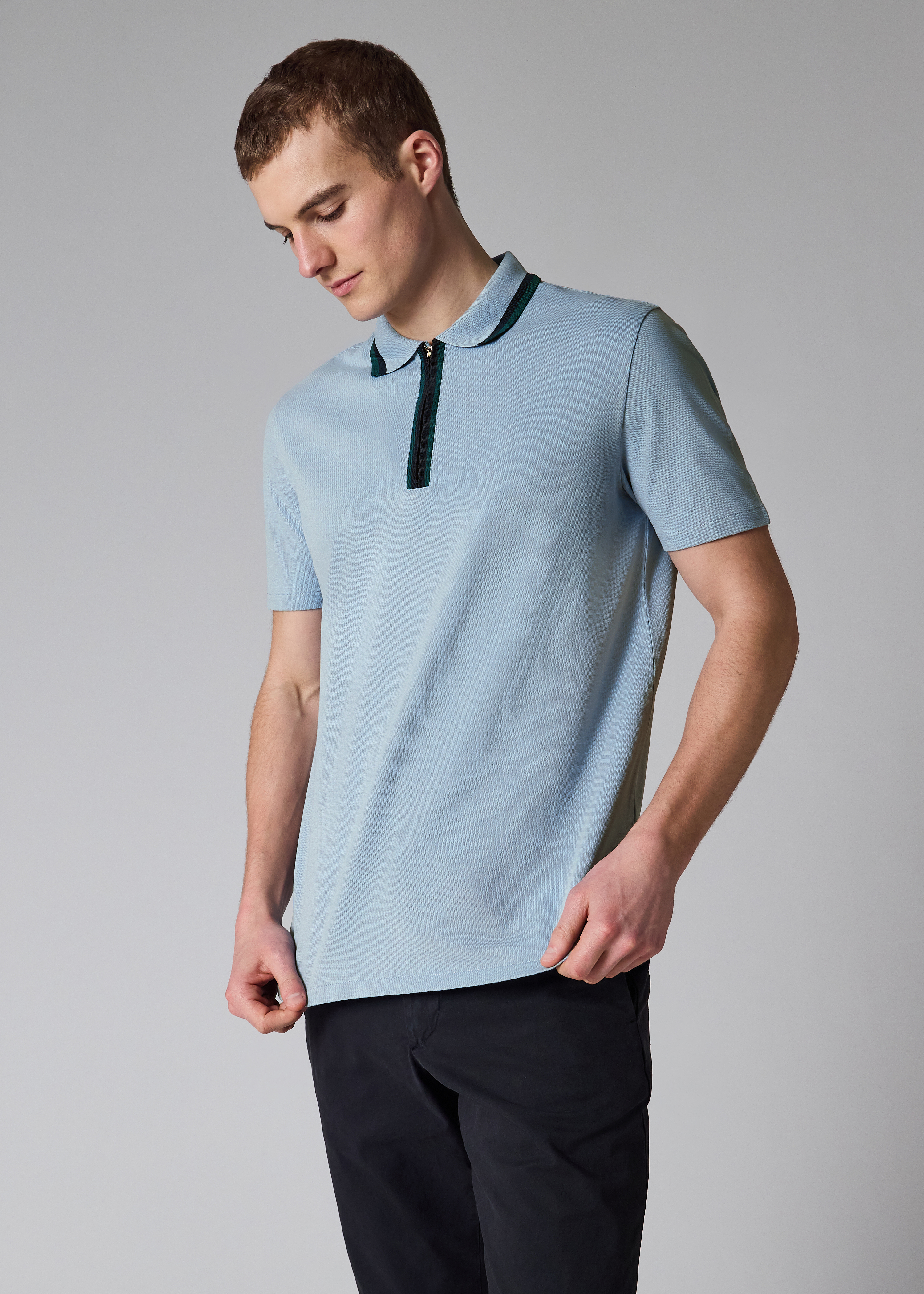 Pale Blue Contrast Tipping Zip Polo Shirt