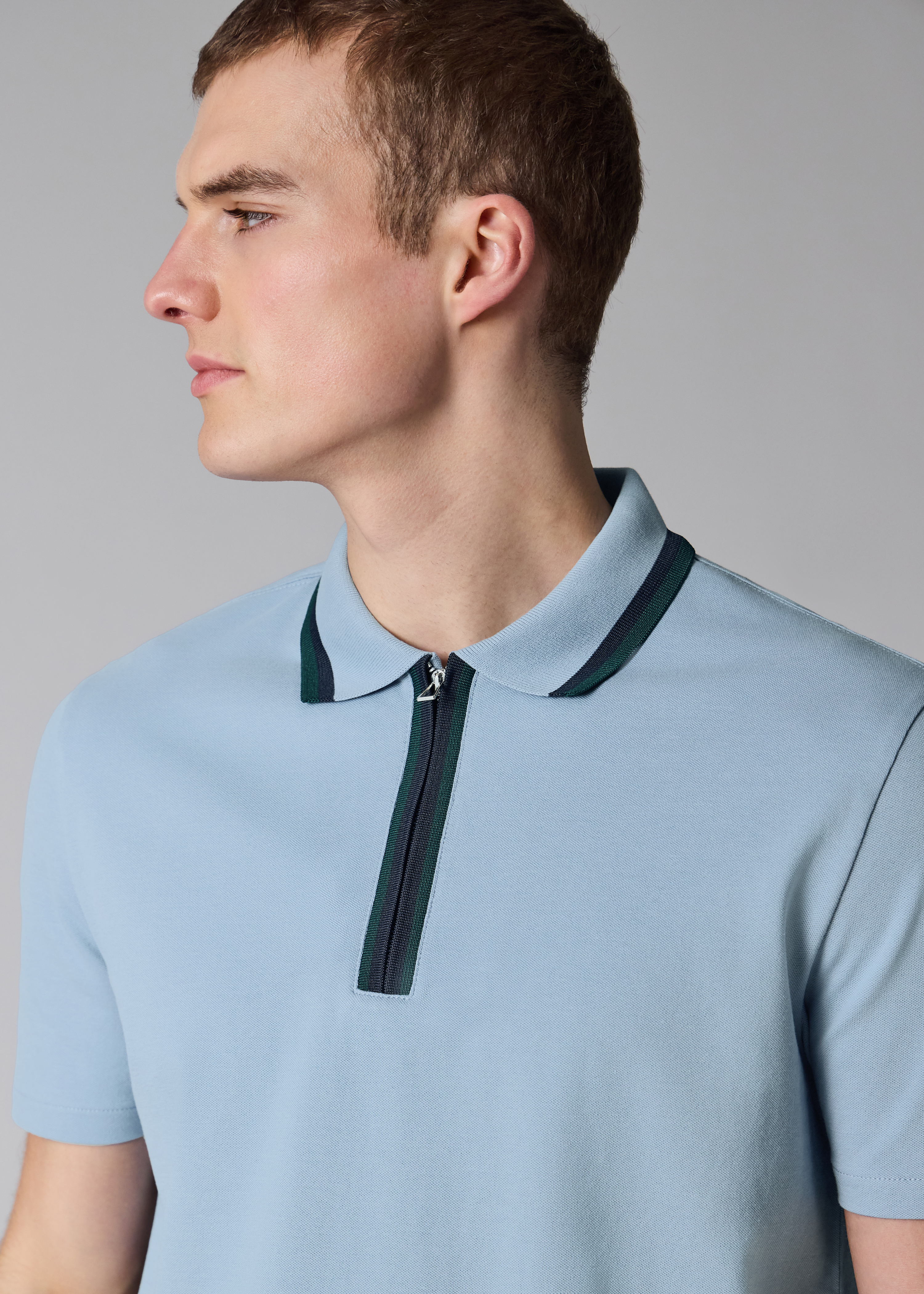 Pale Blue Contrast Tipping Zip Polo Shirt
