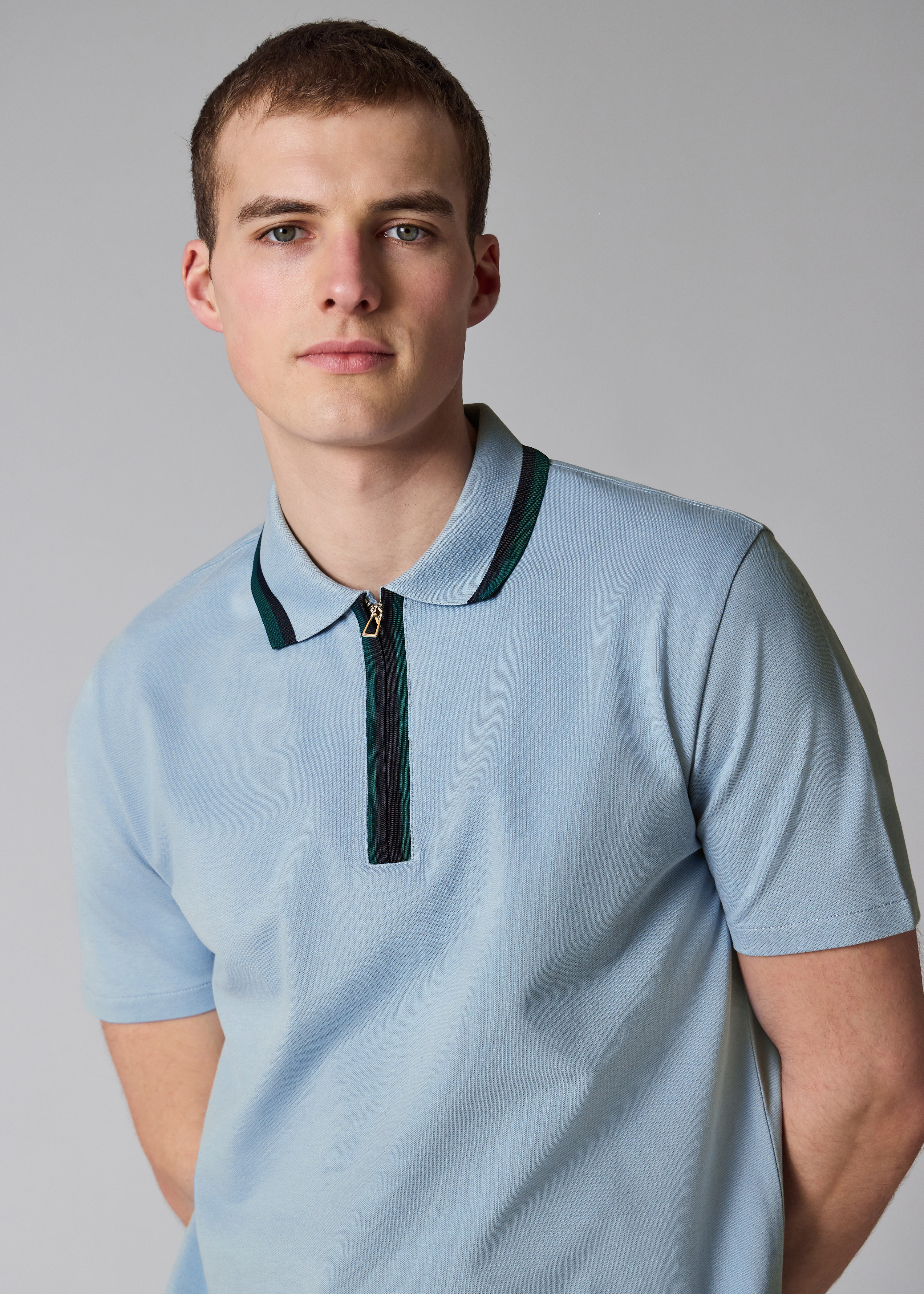 Pale Blue Contrast Tipping Zip Polo Shirt