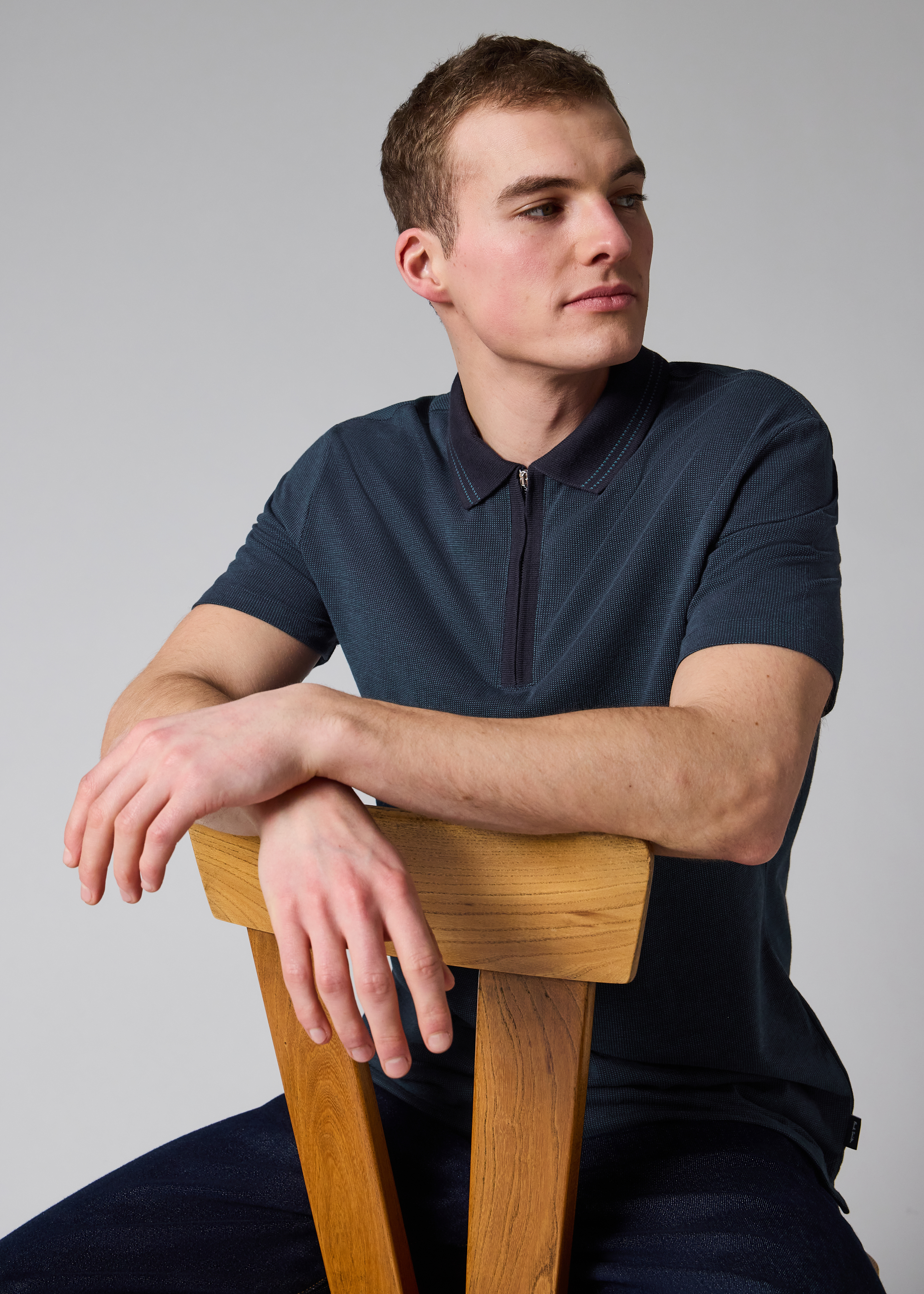 Navy Cotton Jacquard Zip-Neck Polo Shirt