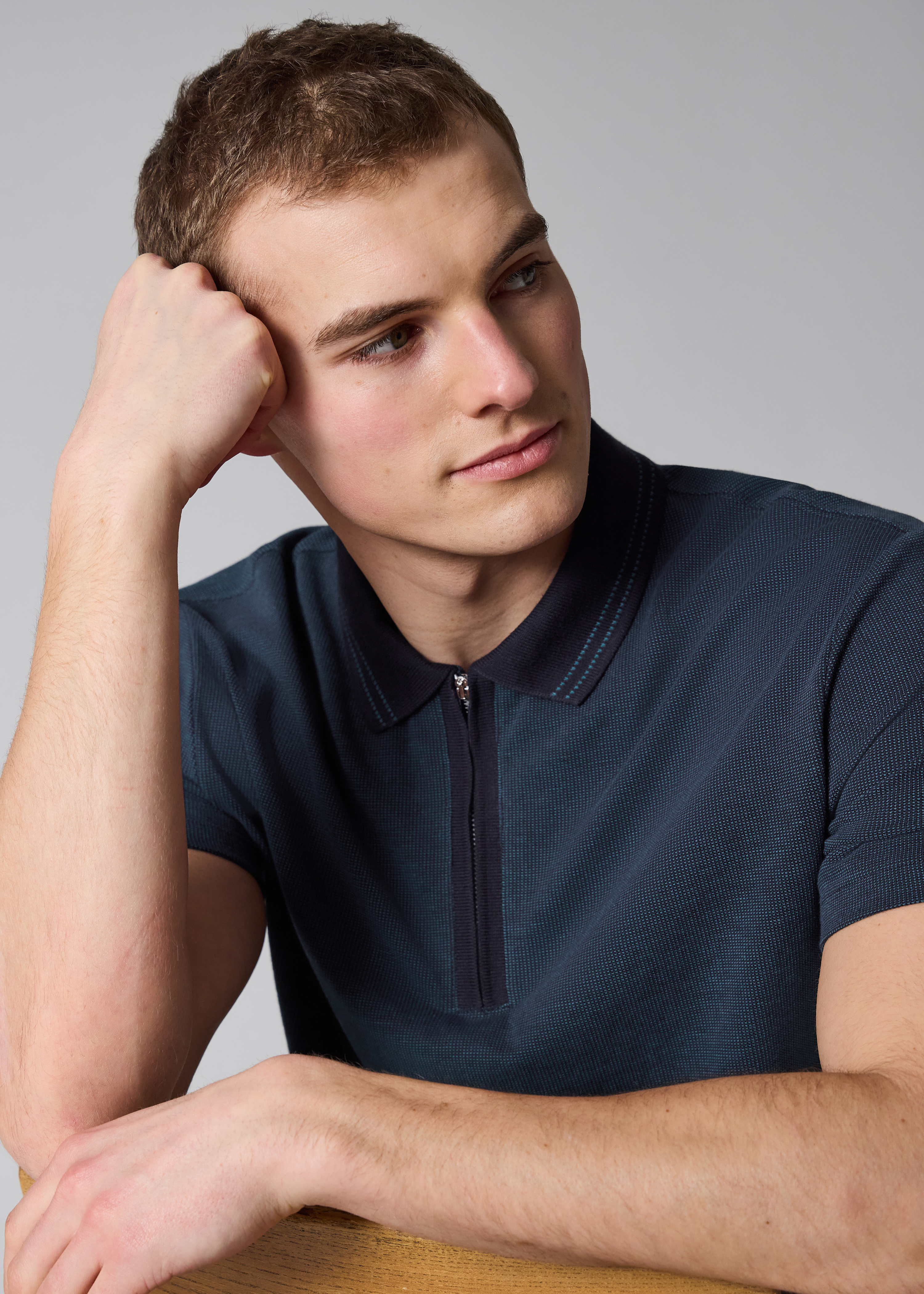 Navy Cotton Jacquard Zip-Neck Polo Shirt