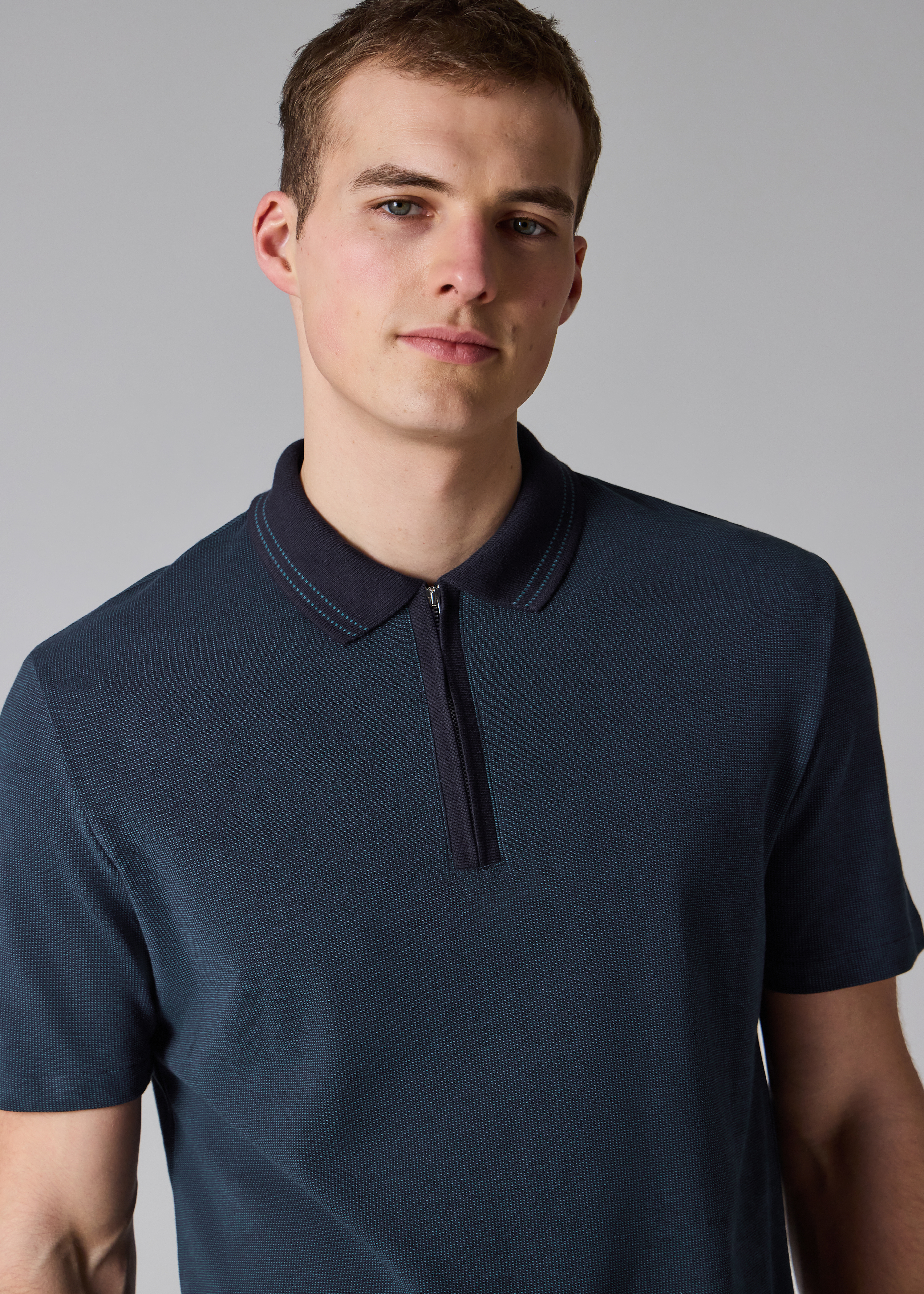 Navy Cotton Jacquard Zip-Neck Polo Shirt