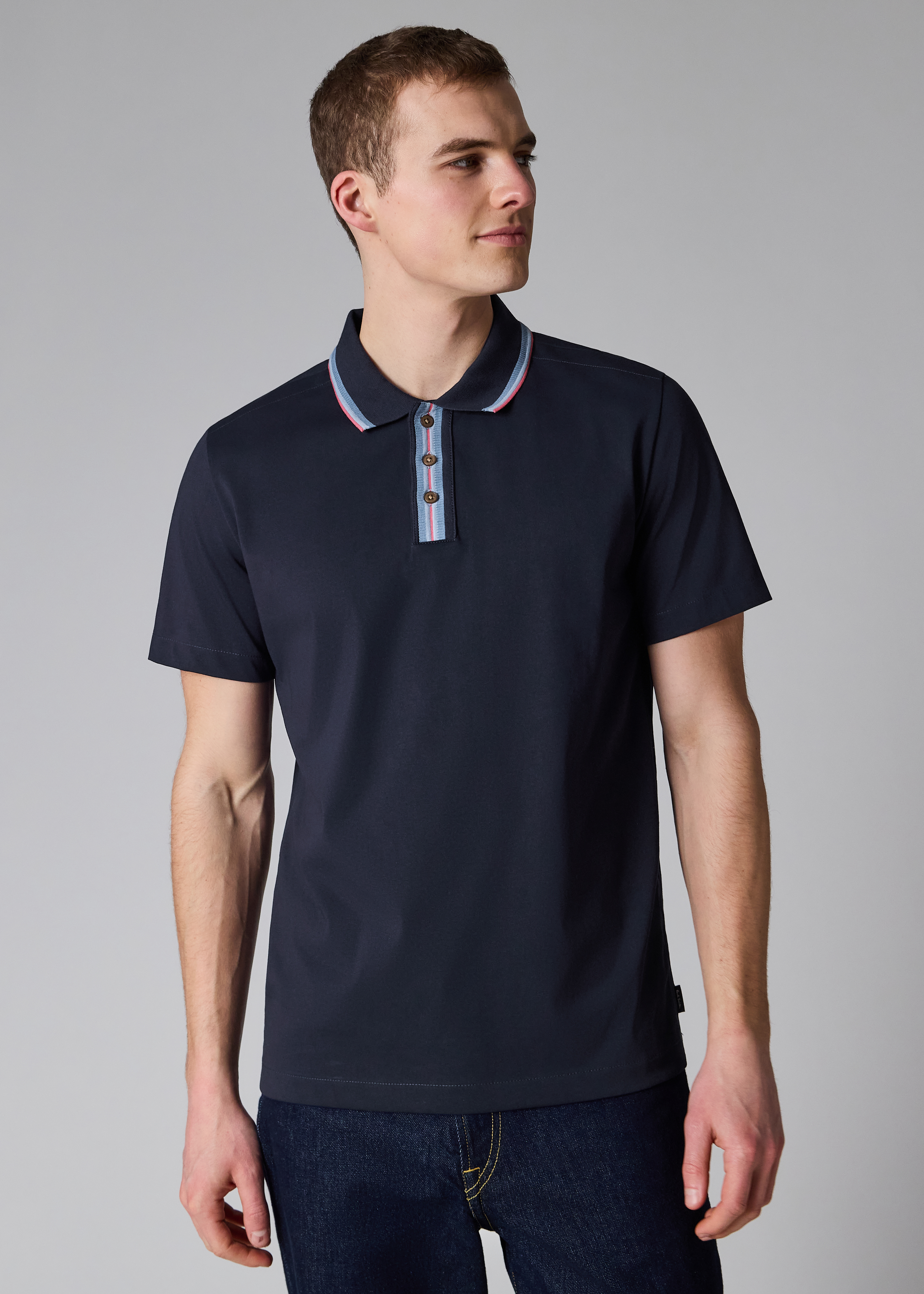 Navy Plated Jersey Polo Shirt With Contrast Tipping