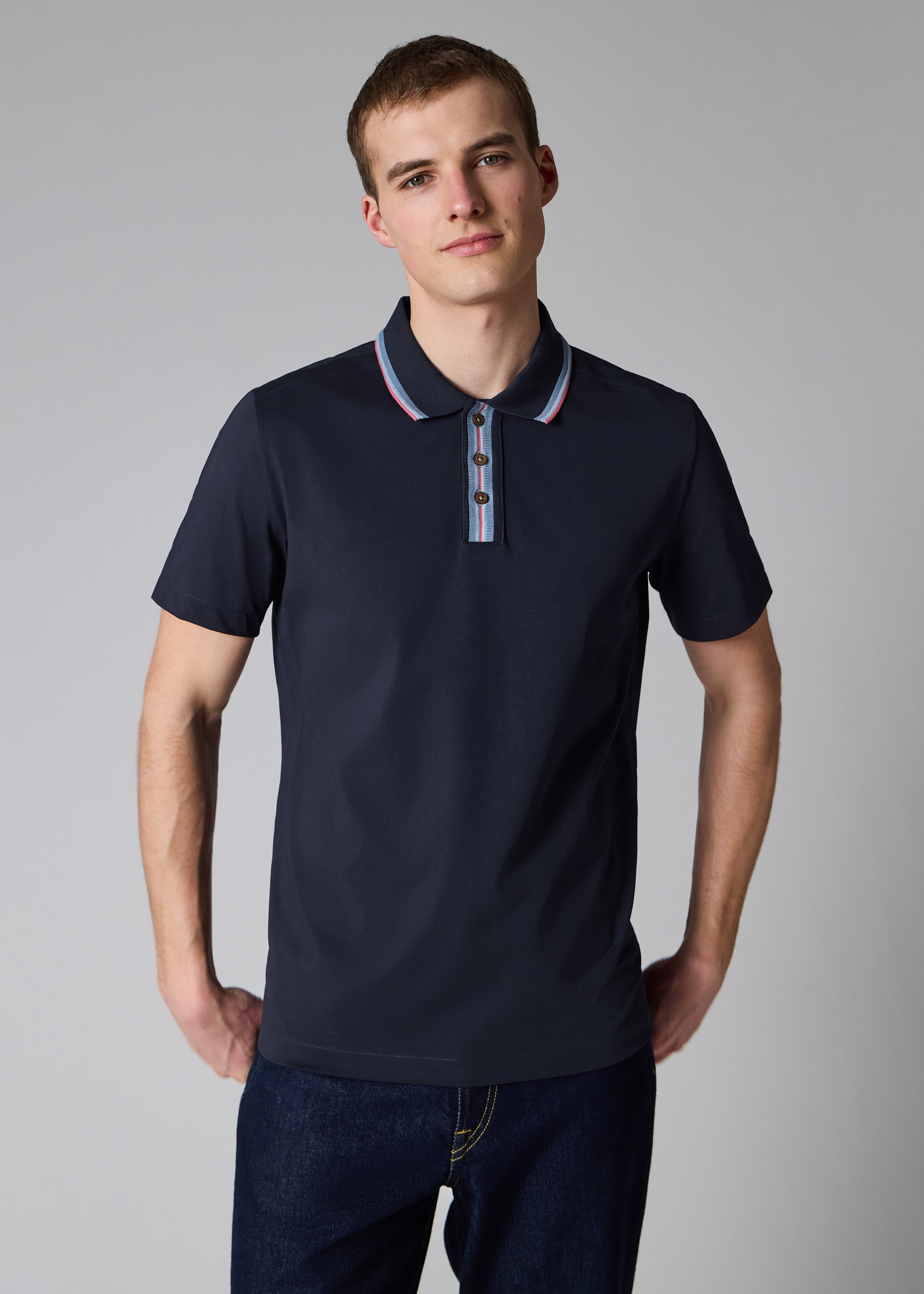 Navy Plated Jersey Polo Shirt With Contrast Tipping