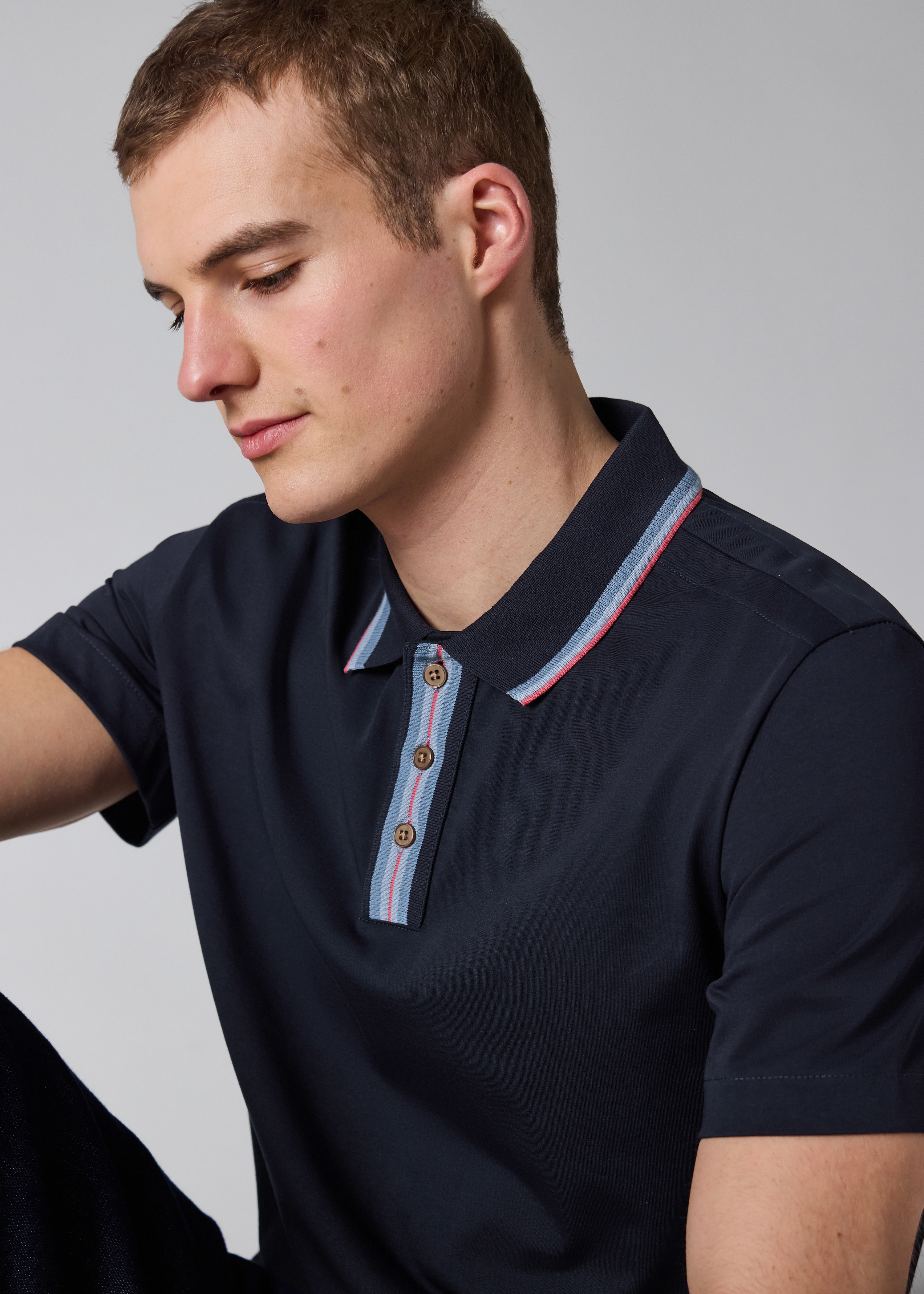 Navy Plated Jersey Polo Shirt With Contrast Tipping