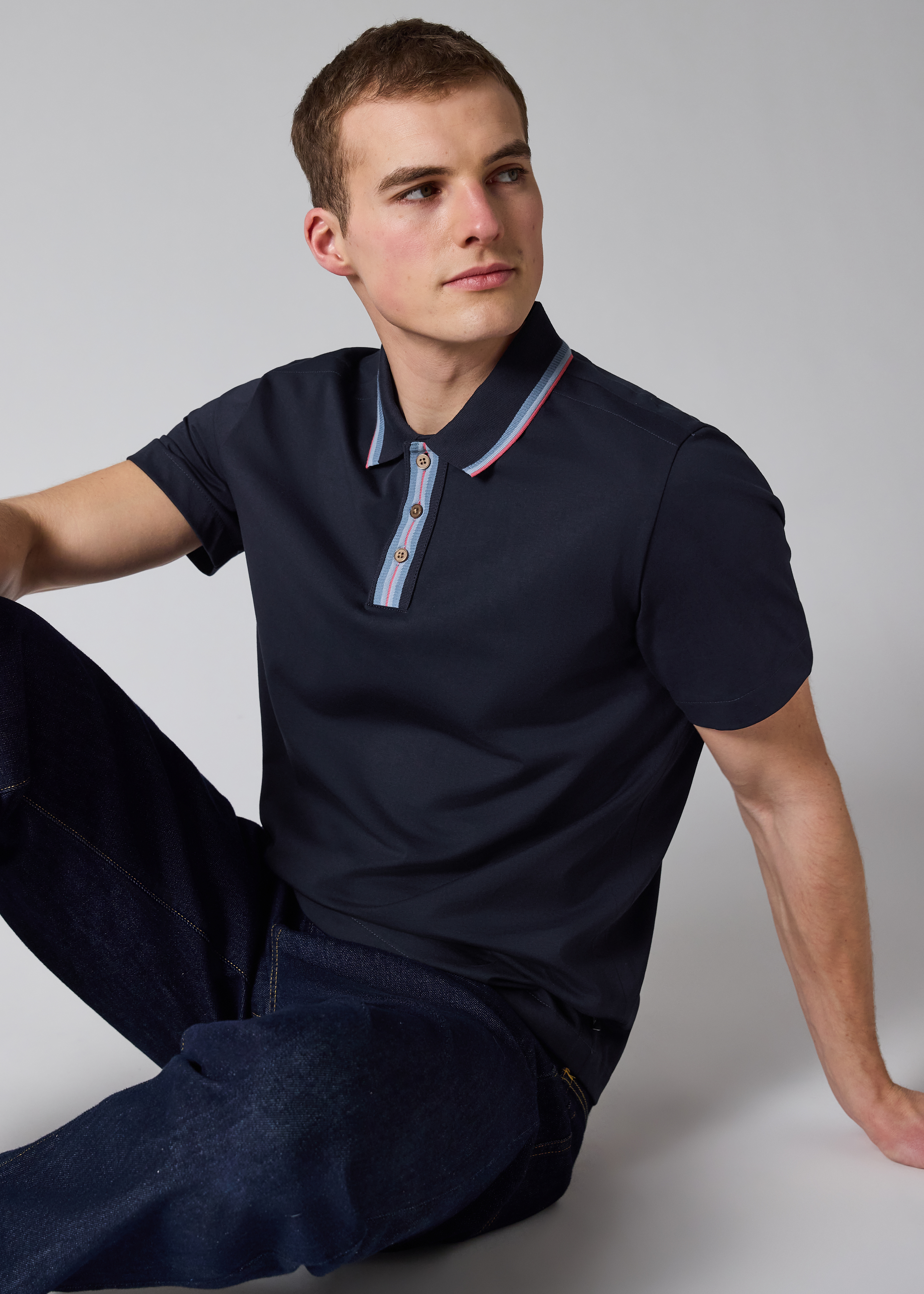 Navy Plated Jersey Polo Shirt With Contrast Tipping
