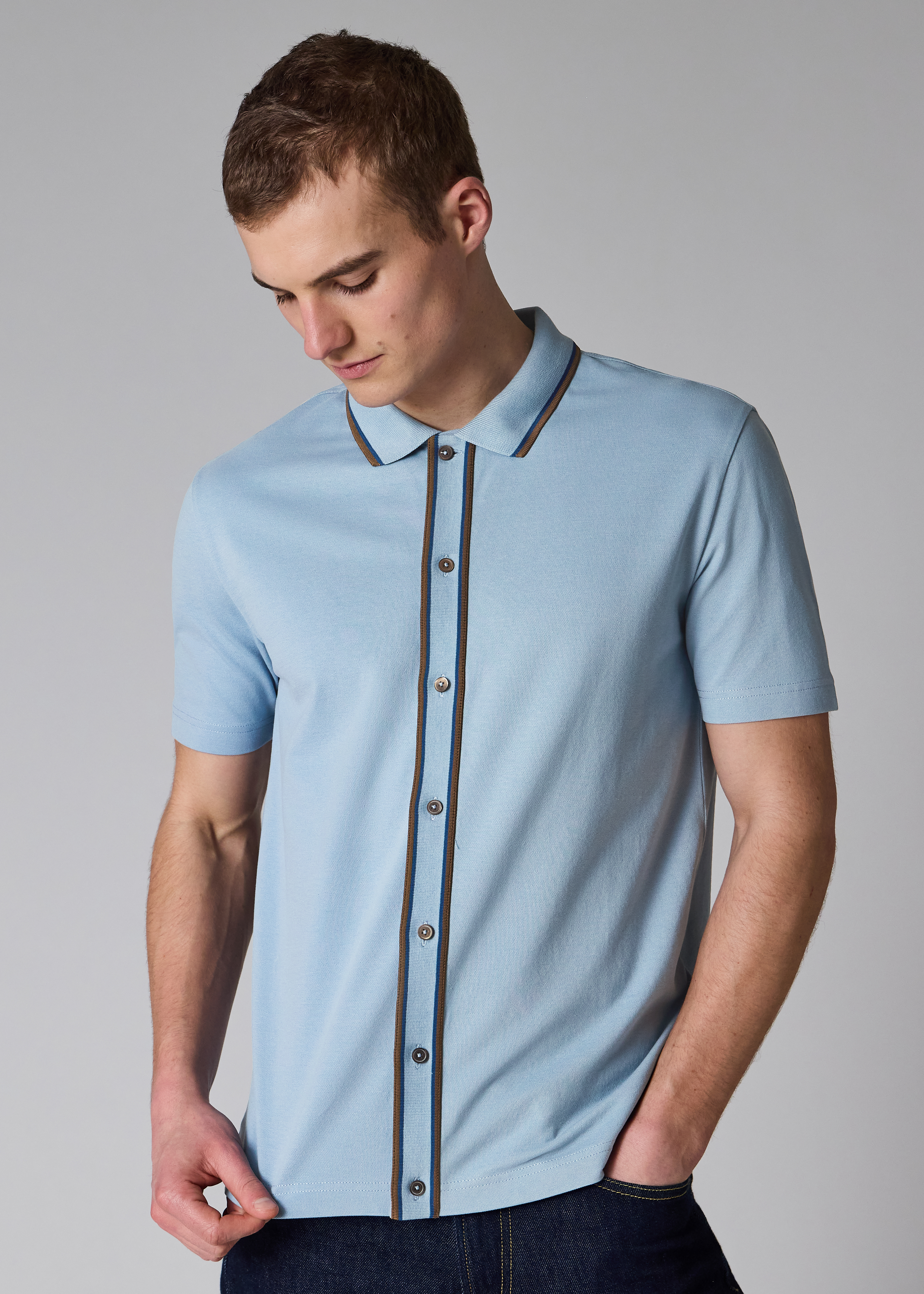 Pale Blue Button-Through Polo Shirt