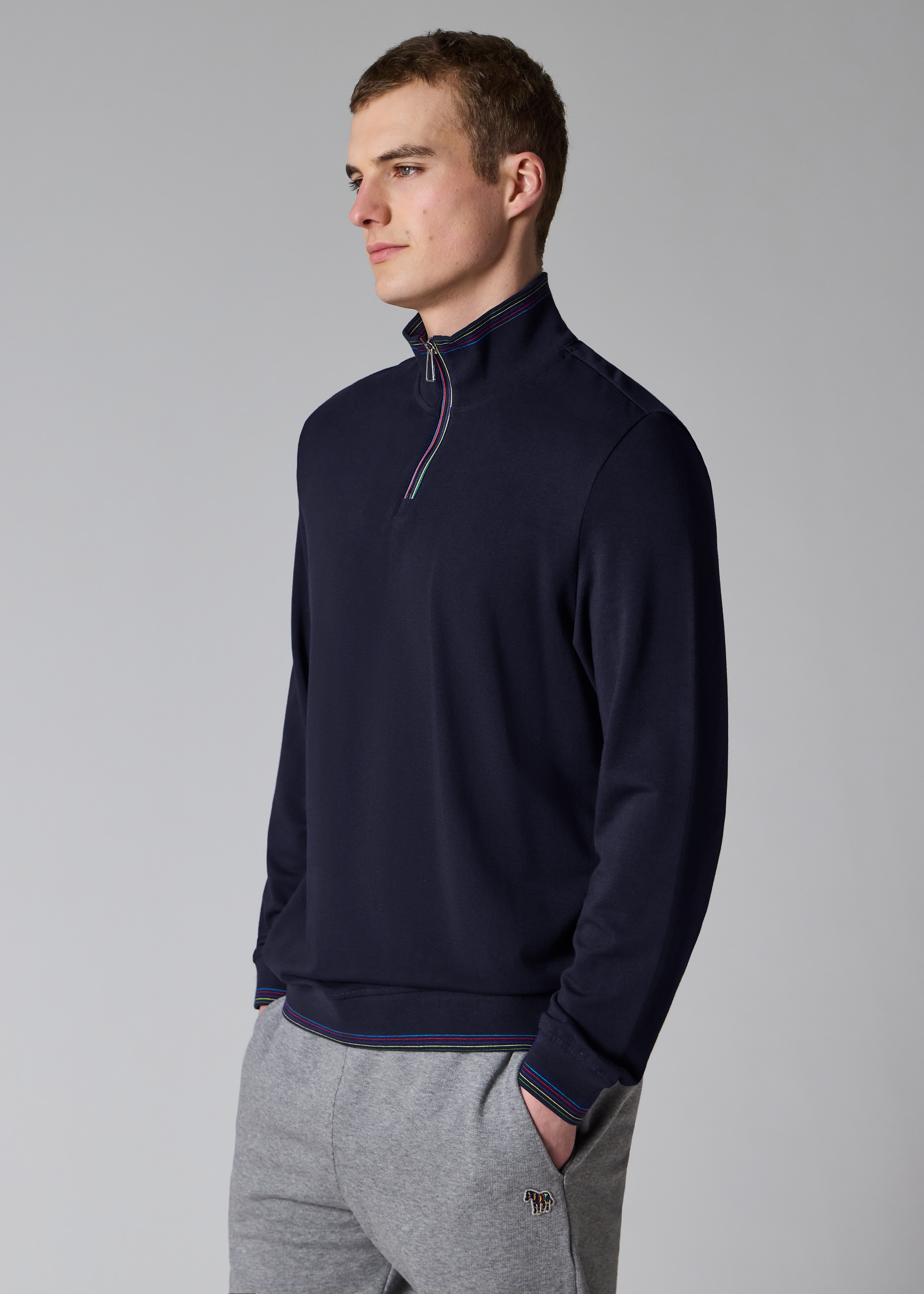 Navy Cotton-Blend 'Sports Stripe' Quarter Zip Sweatshirt