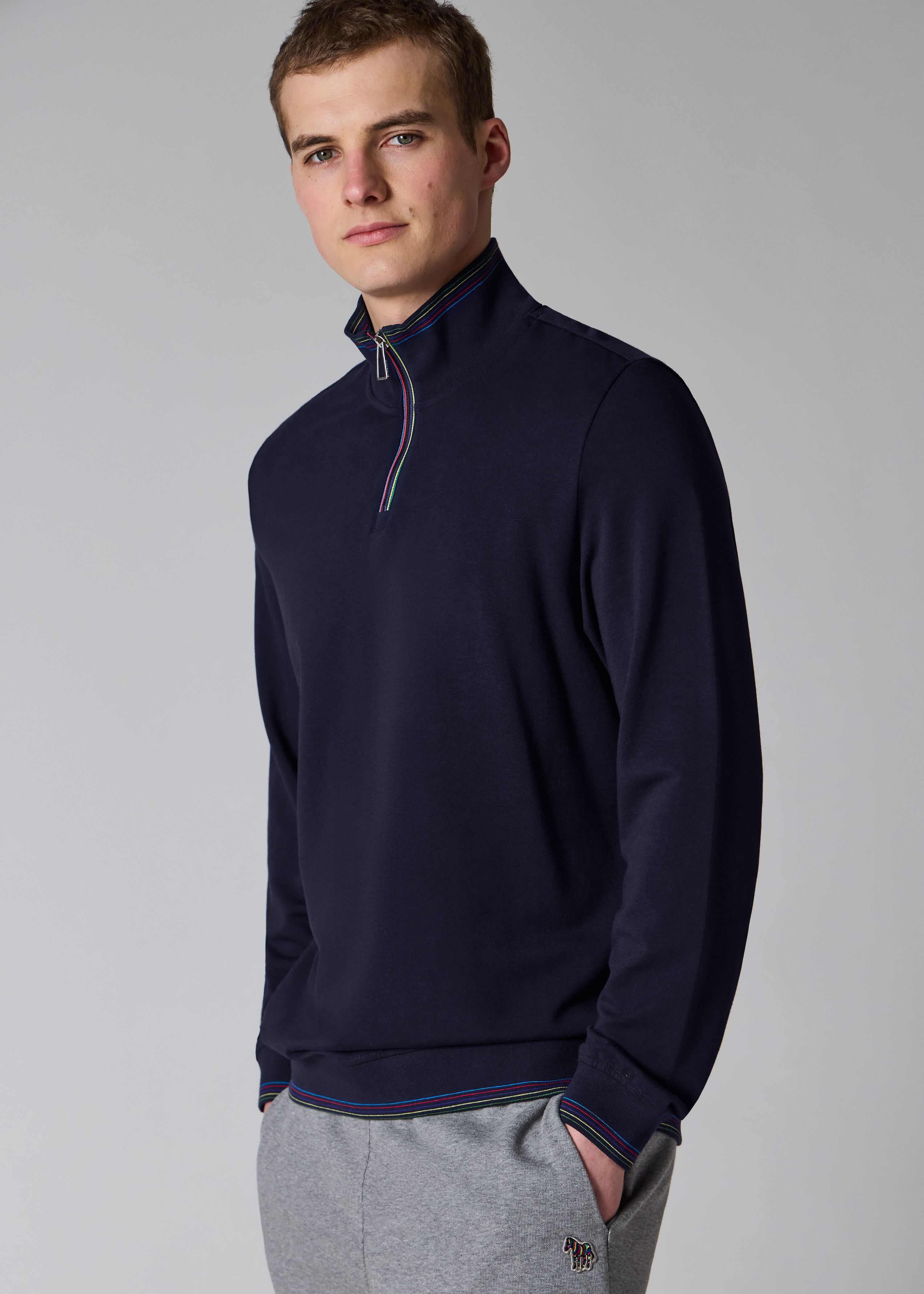 Navy Cotton-Blend 'Sports Stripe' Quarter Zip Sweatshirt