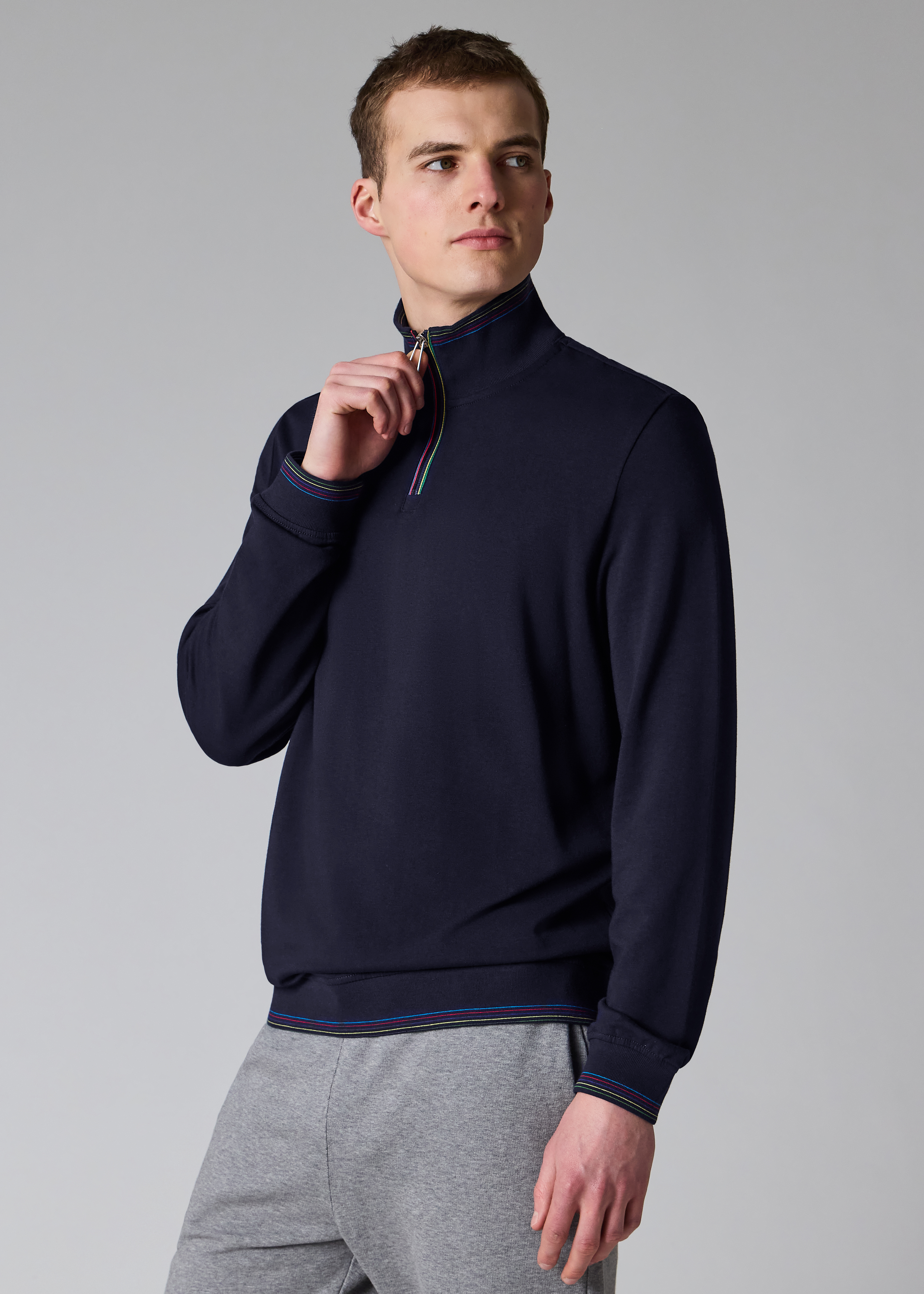 Navy Cotton-Blend 'Sports Stripe' Quarter Zip Sweatshirt