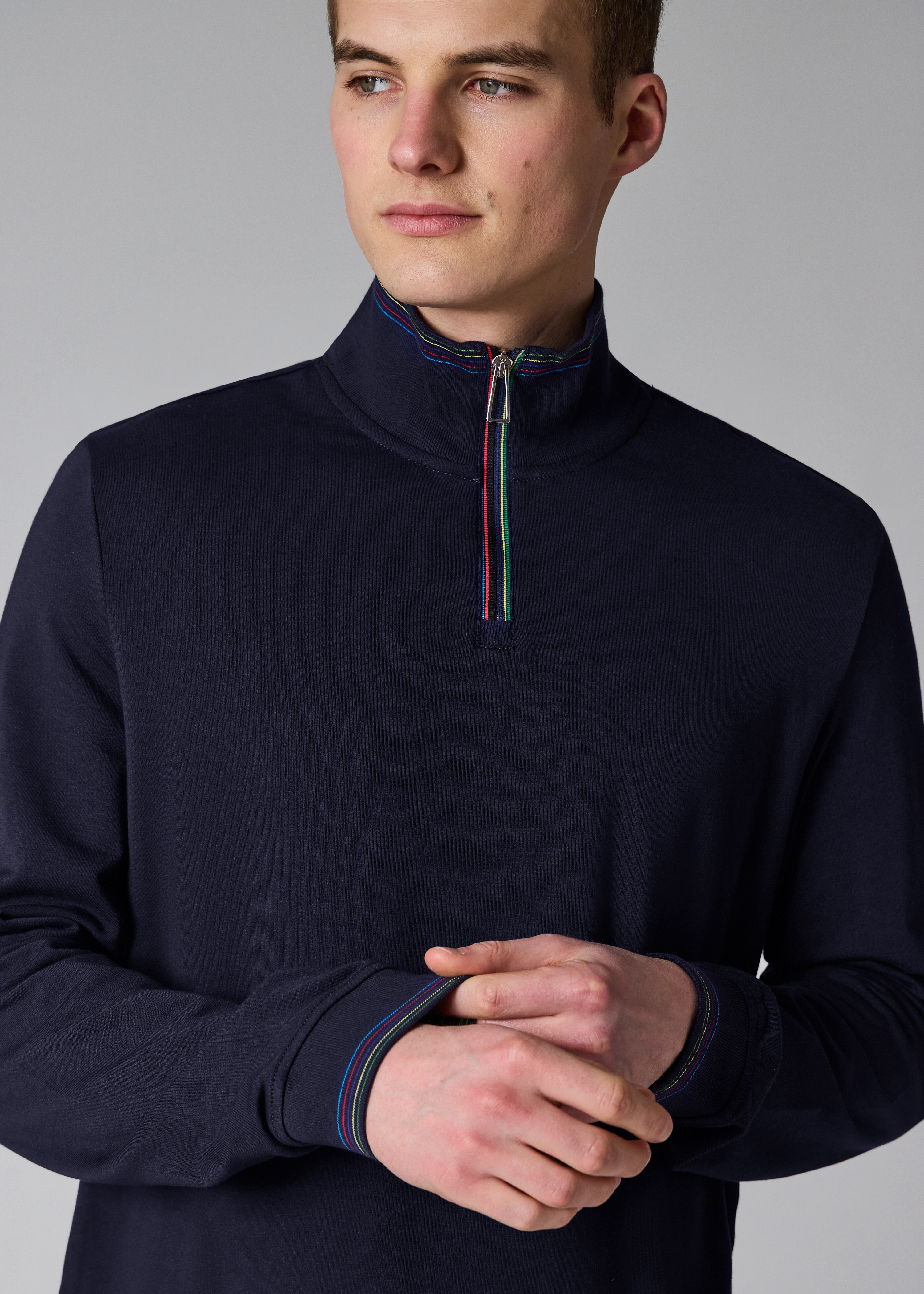 Navy Cotton-Blend 'Sports Stripe' Quarter Zip Sweatshirt