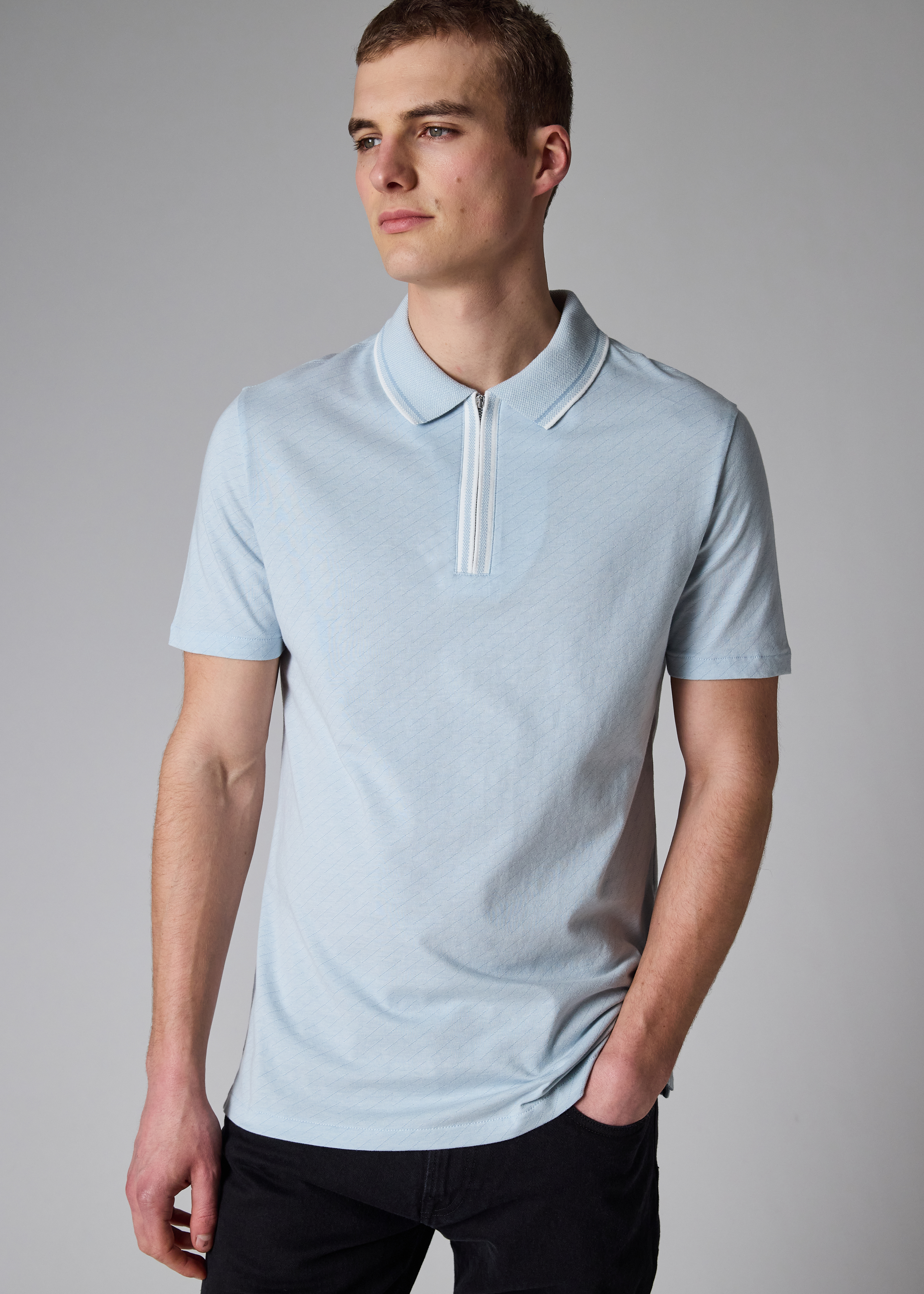 Pale Blue Jacquard Zip-Neck Polo Shirt